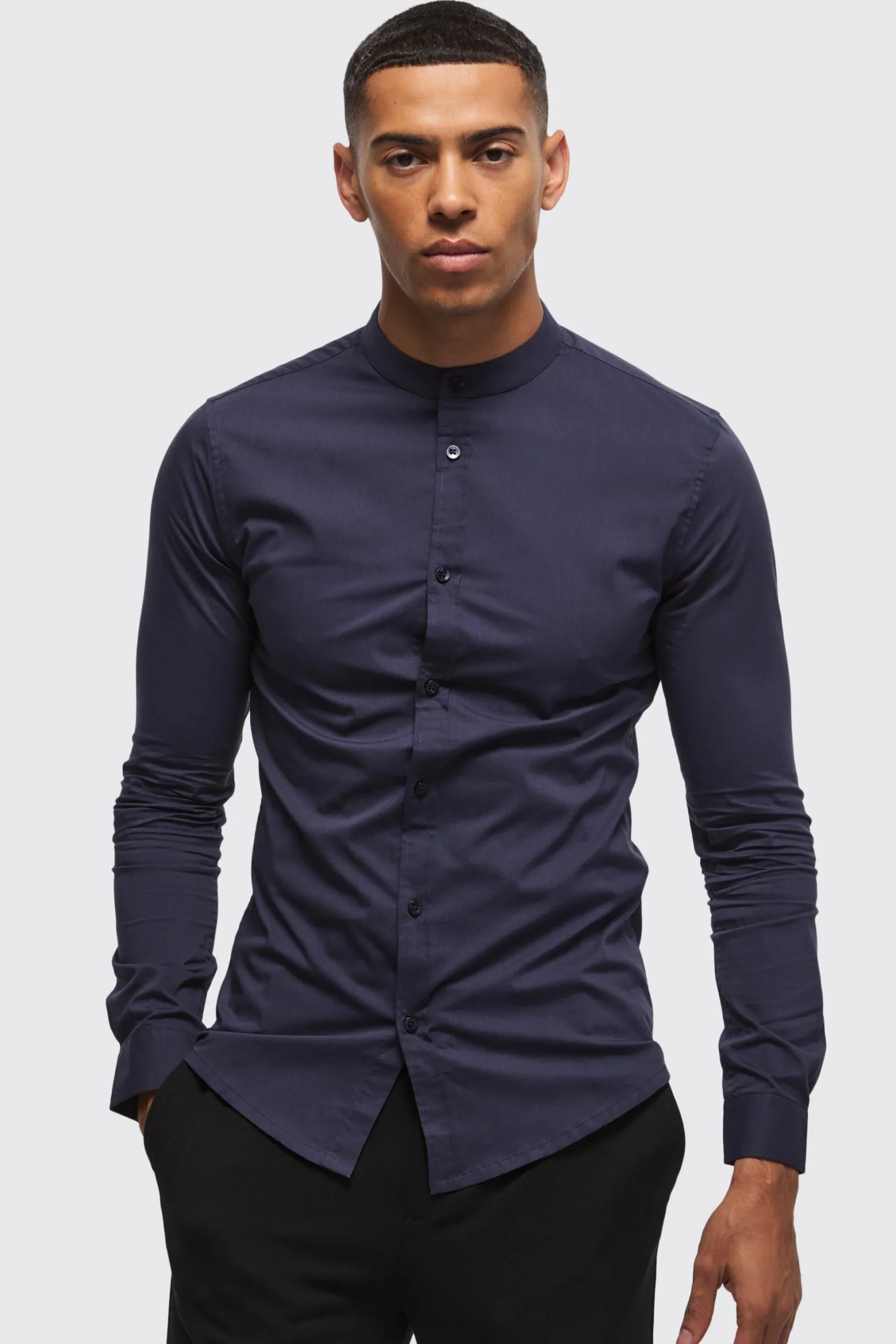Long Sleeve Grandad Collar Stretch Shirt | BoohooMAN UK