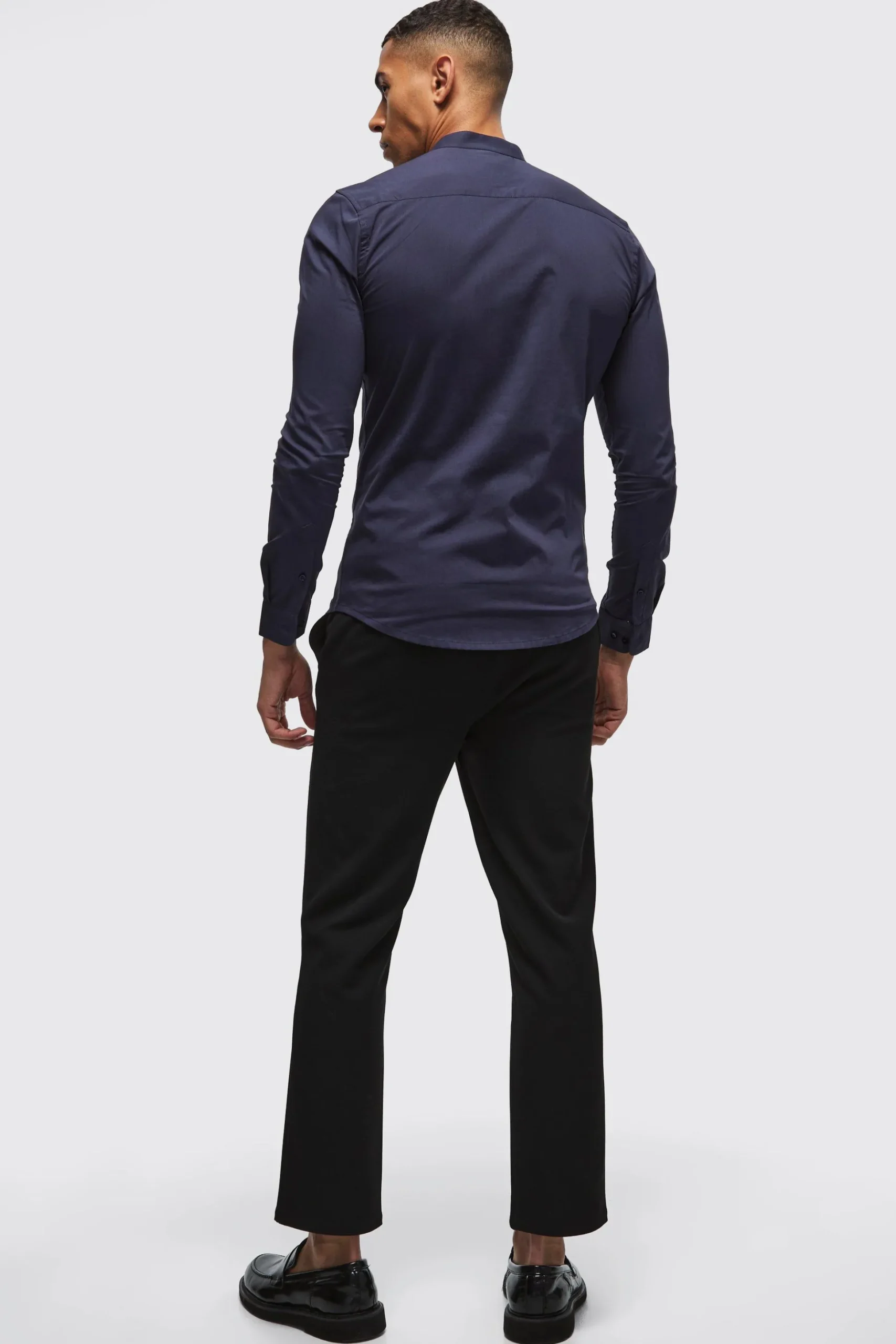 Long Sleeve Grandad Collar Stretch Shirt | BoohooMAN UK