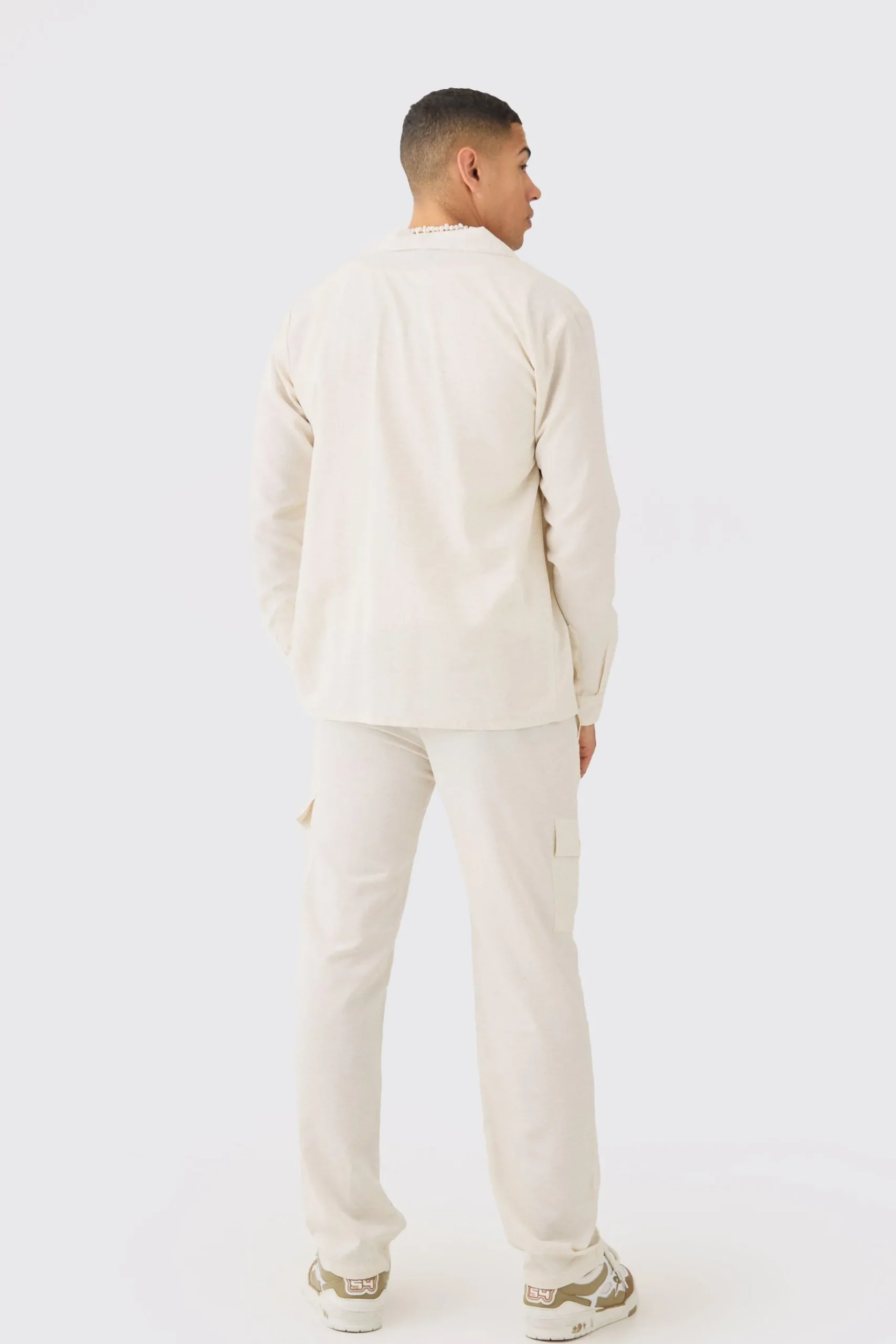 Long Sleeve Linen Cargo Shirt & Trouser | BoohooMAN UK