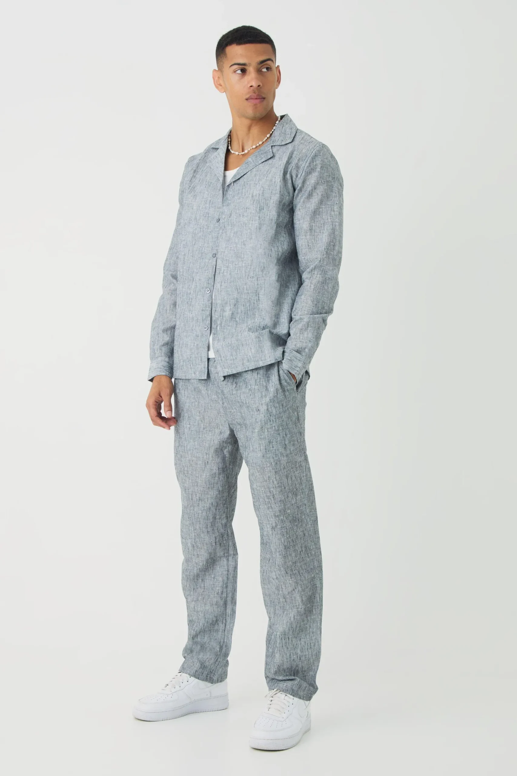 Long Sleeve Linen Look Revere Shirt & Straight Trouser Set | BoohooMAN UK