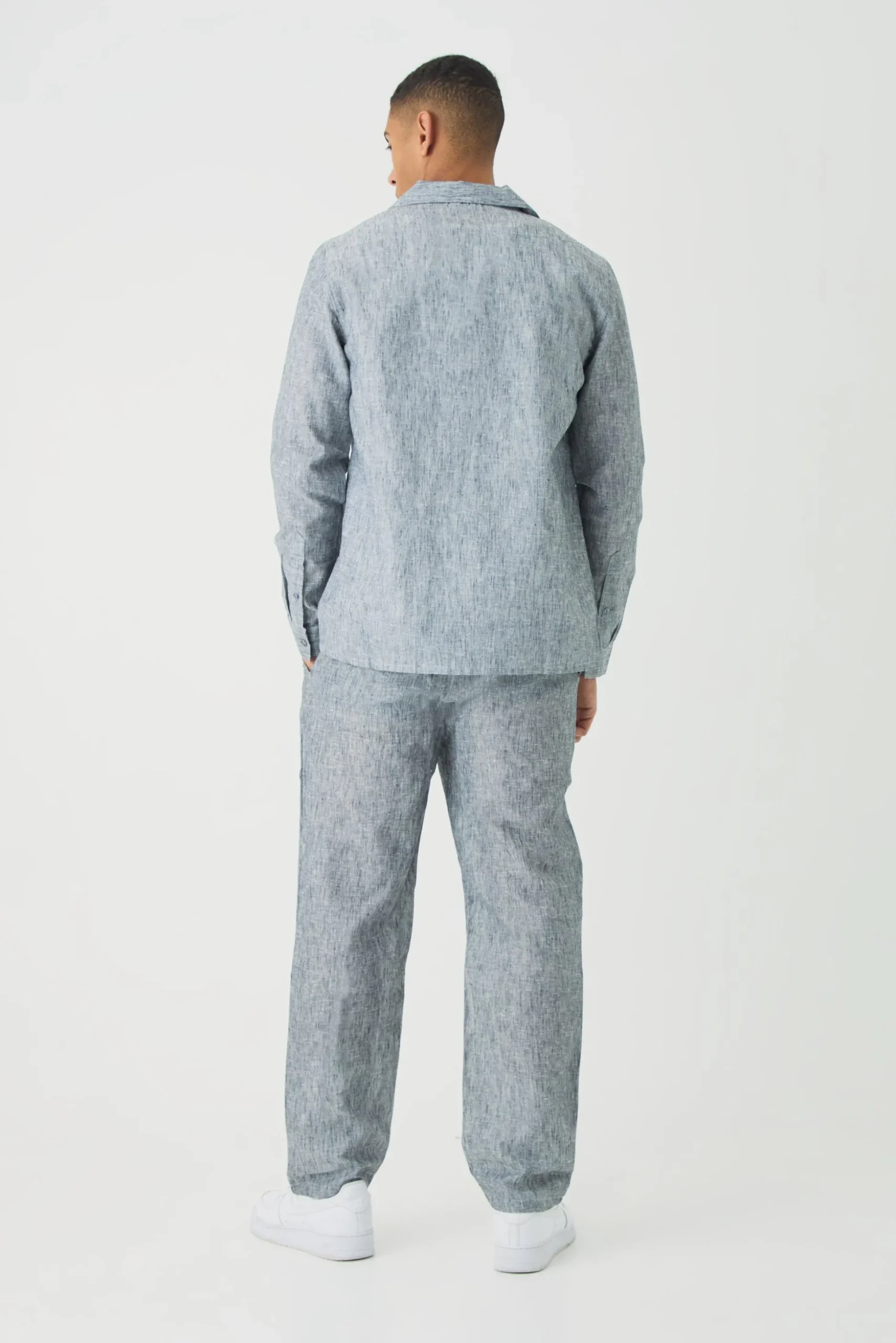 Long Sleeve Linen Look Revere Shirt & Straight Trouser Set | BoohooMAN UK