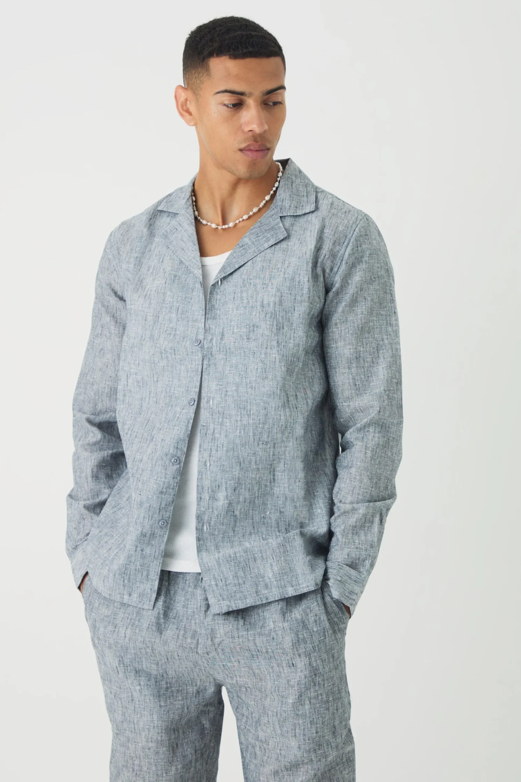 Long Sleeve Linen Look Revere Shirt & Straight Trouser Set | BoohooMAN UK