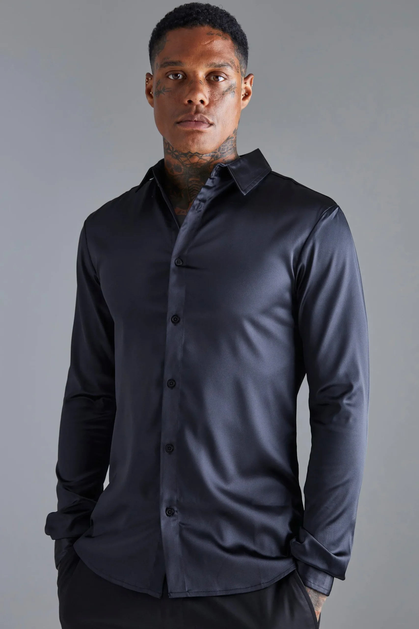 Long Sleeve Muscle Satin Shirt | BoohooMAN UK