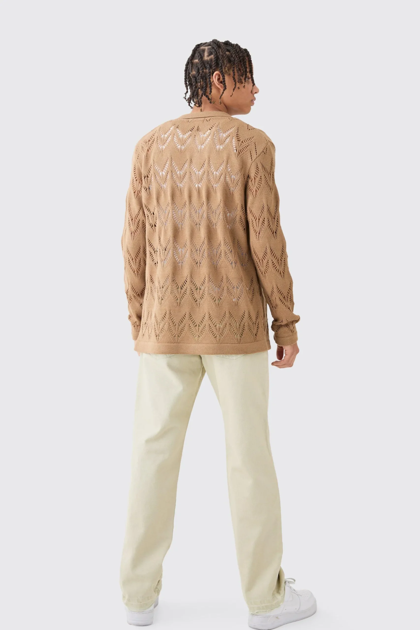 Long Sleeve Open Knit Shirt In Tan | BoohooMAN UK