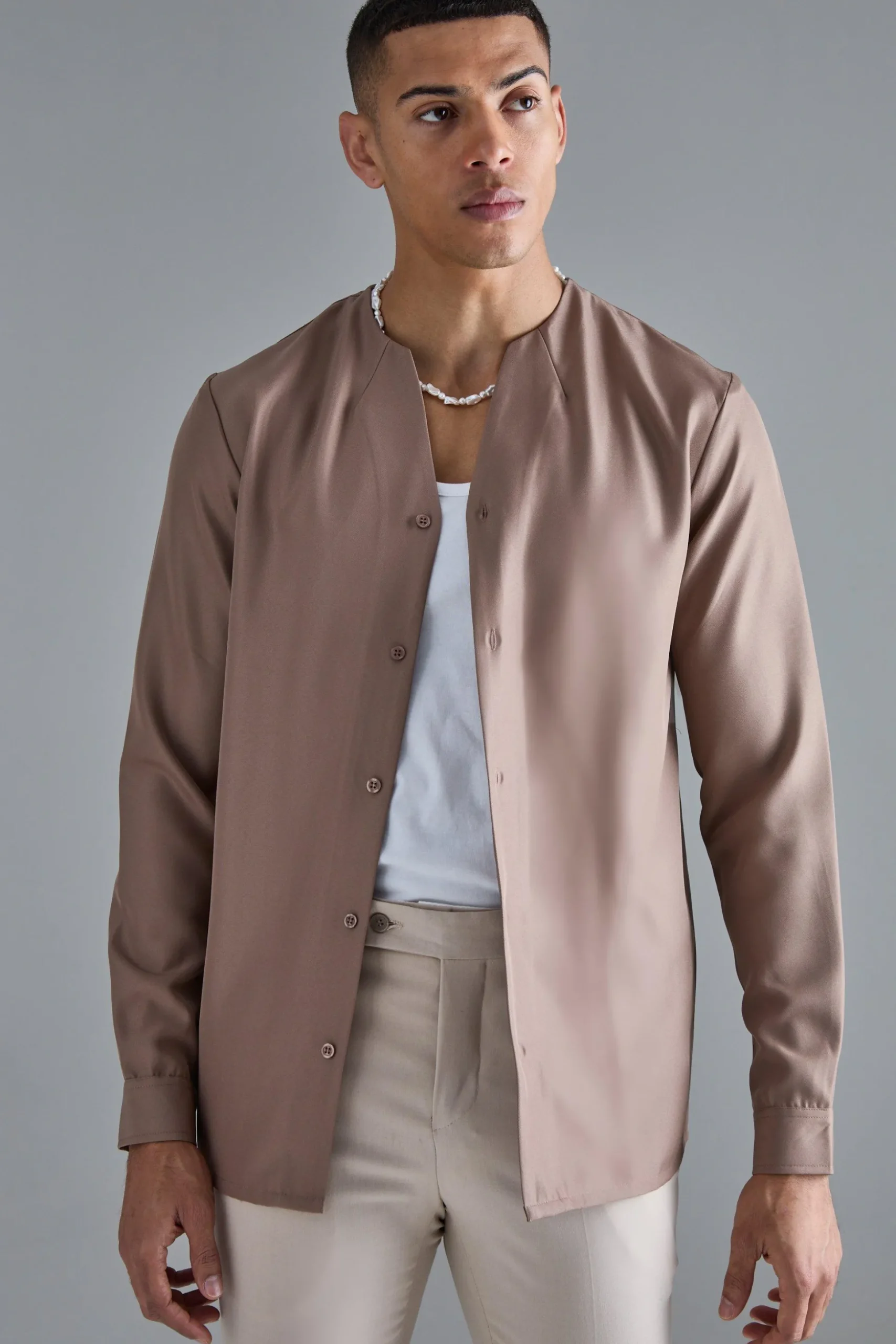 Long Sleeve Open Neck Soft Twill Shirt | BoohooMAN UK