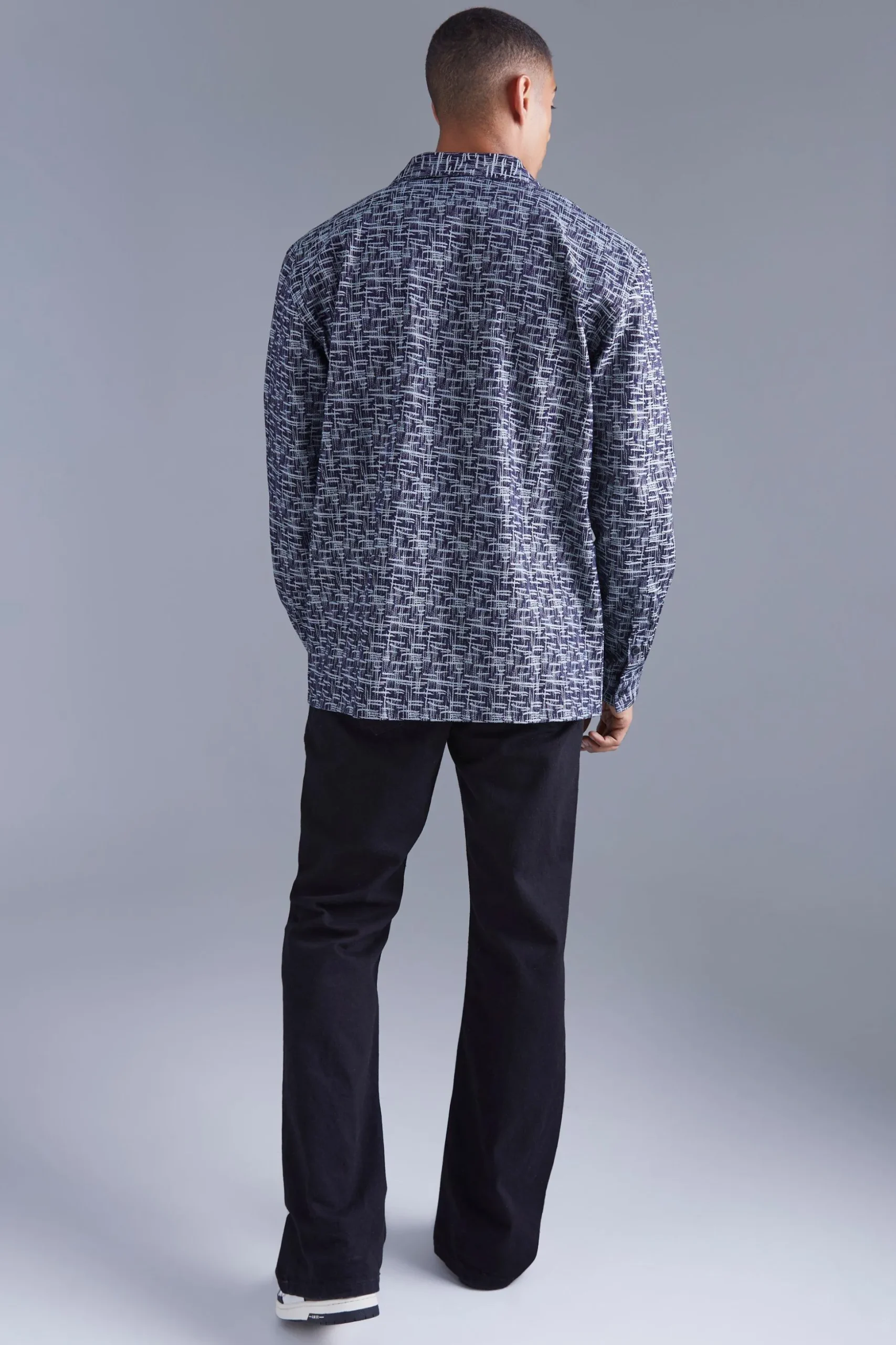 Long Sleeve Oversized Denim Look Textured Shirt | BoohooMAN UK