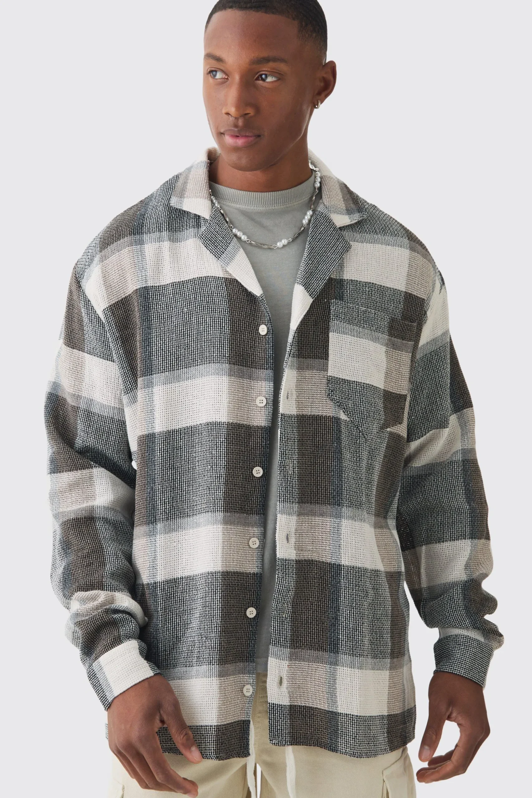 Long Sleeve Oversized Textured Check Shirt | BoohooMAN UK