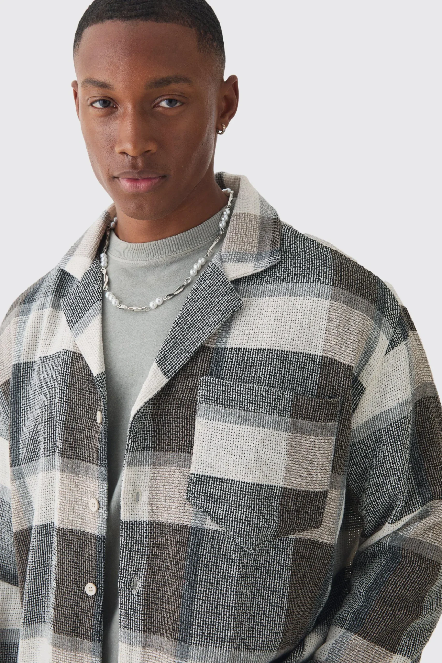 Long Sleeve Oversized Textured Check Shirt | BoohooMAN UK