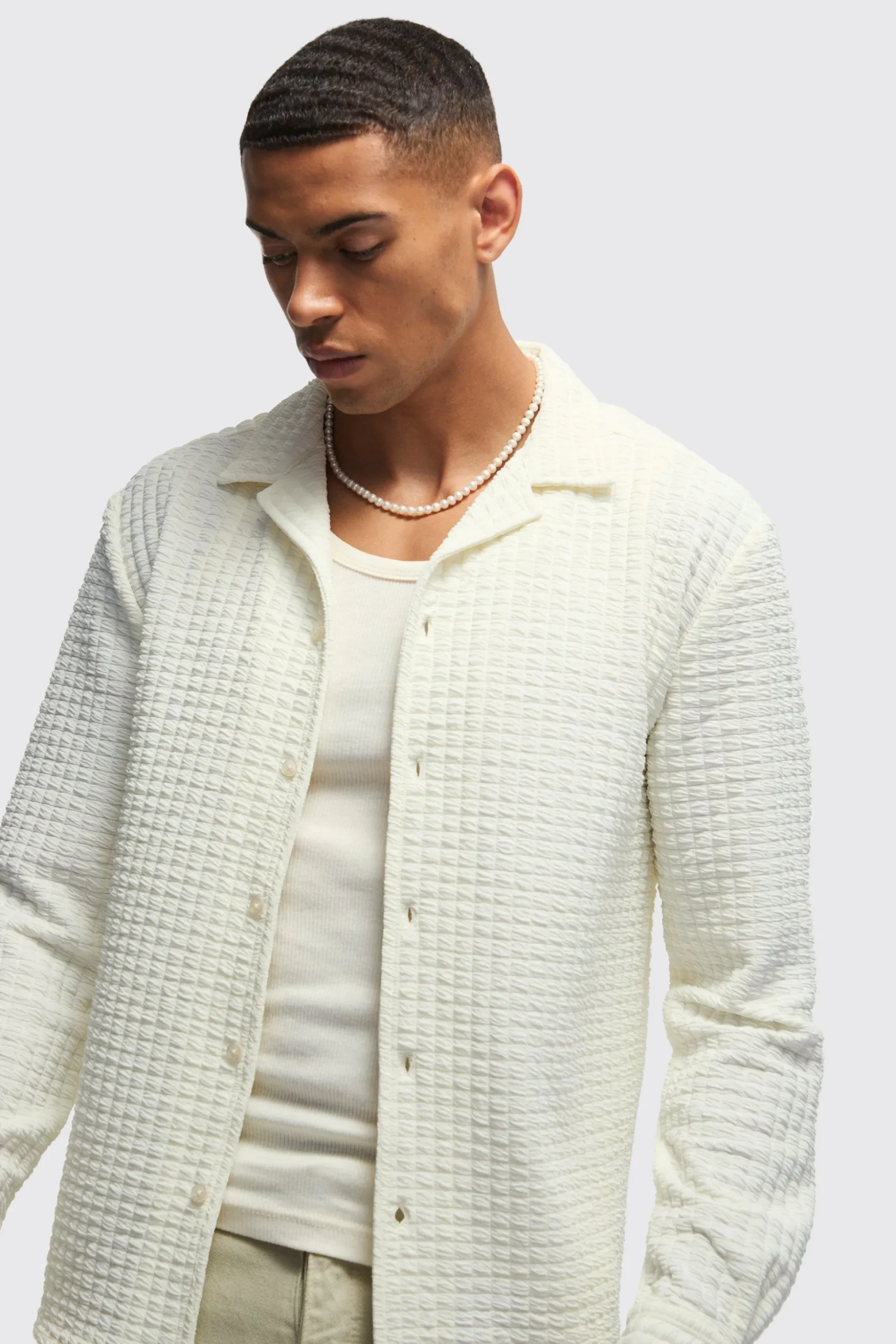 Long Sleeve Revere Waffle Shirt | BoohooMAN UK