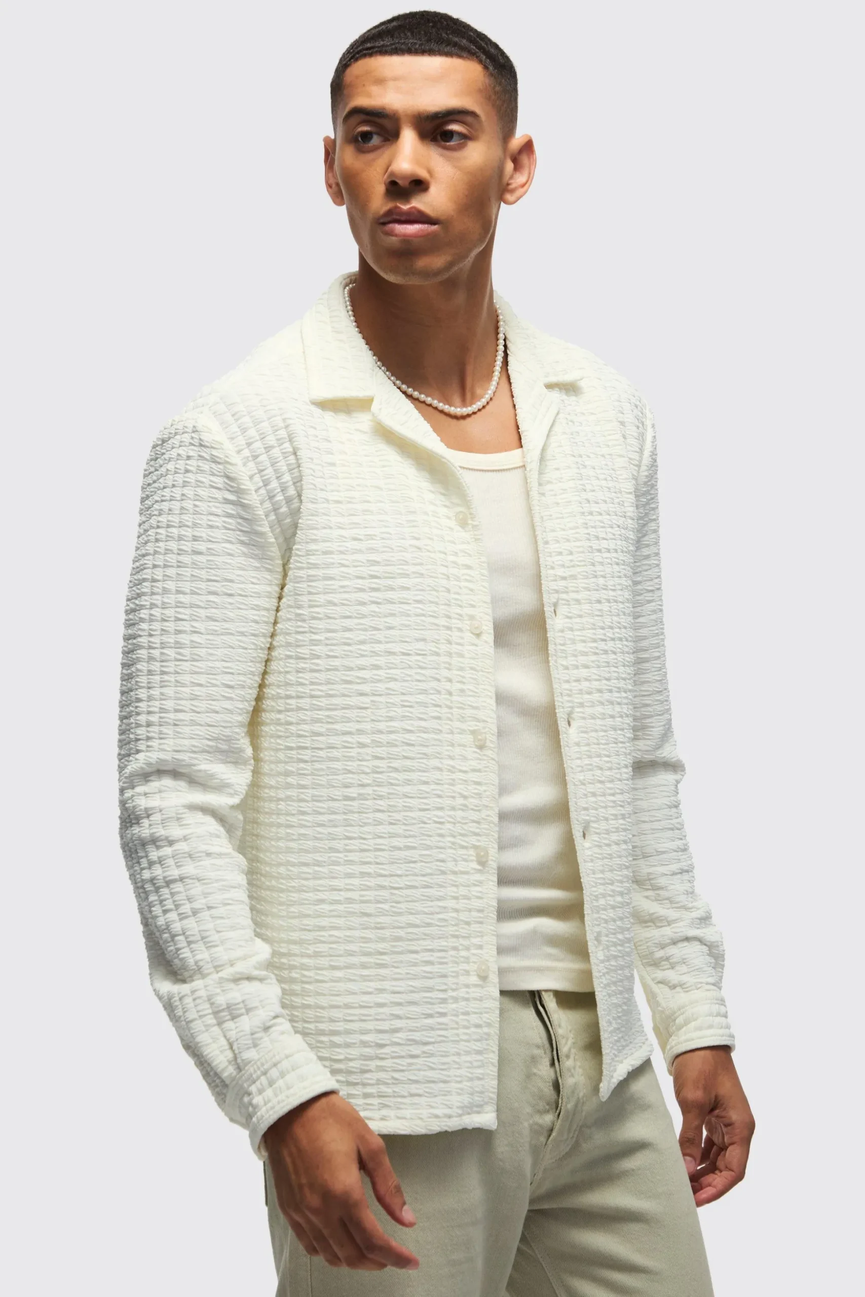 Long Sleeve Revere Waffle Shirt | BoohooMAN UK