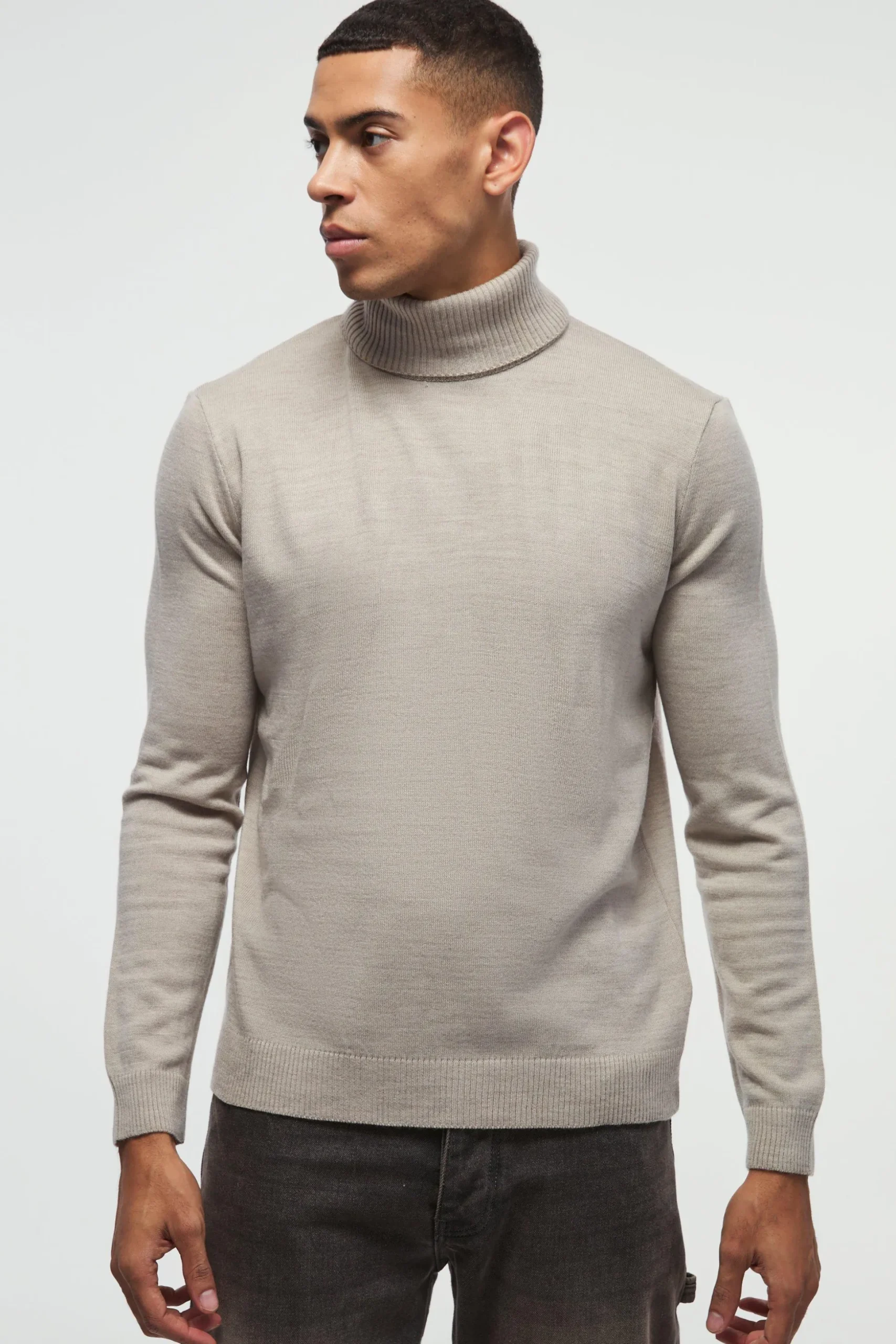 Long Sleeve Roll Neck Jumper In Stone | BoohooMAN UK