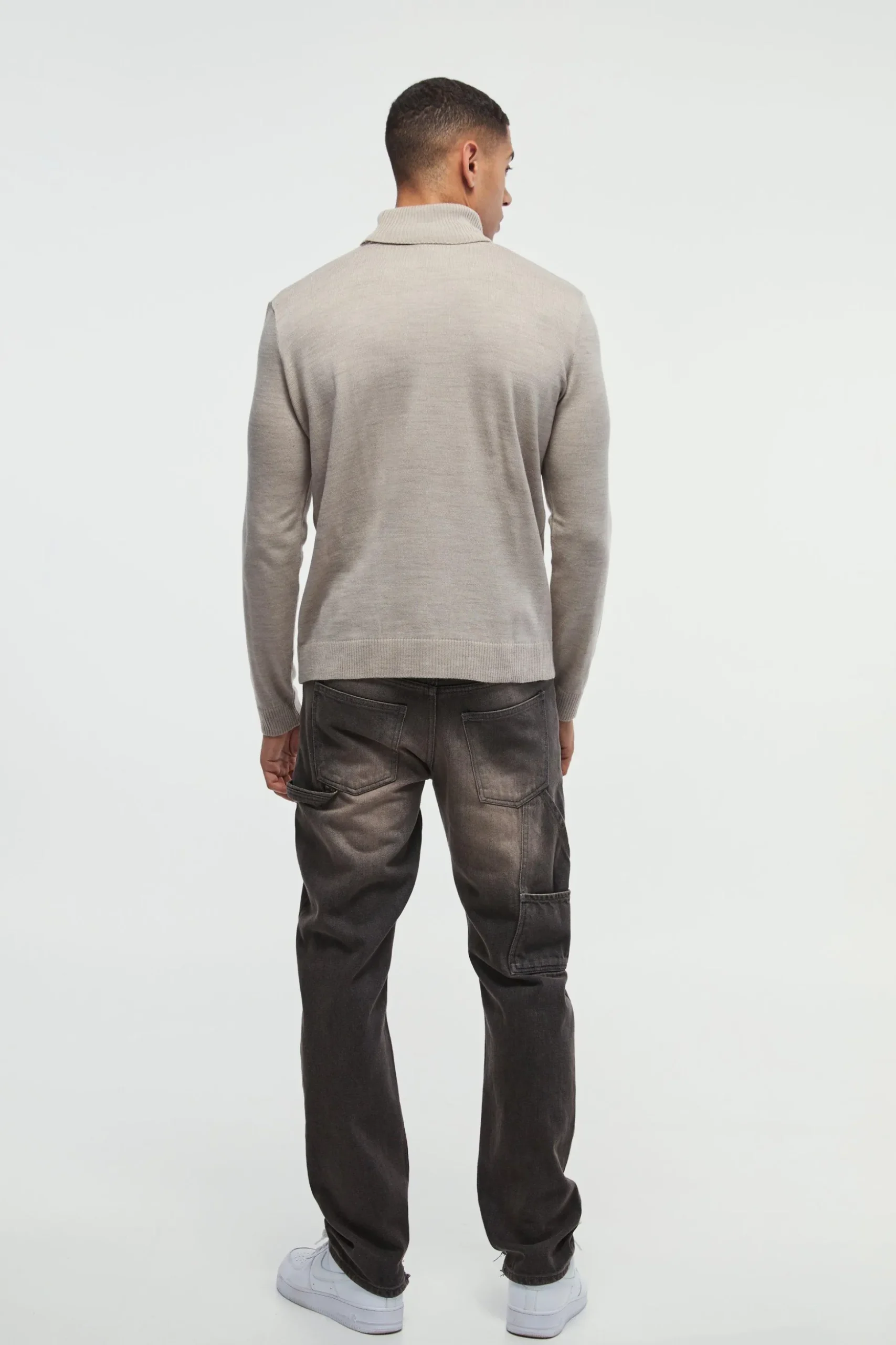 Long Sleeve Roll Neck Jumper In Stone | BoohooMAN UK