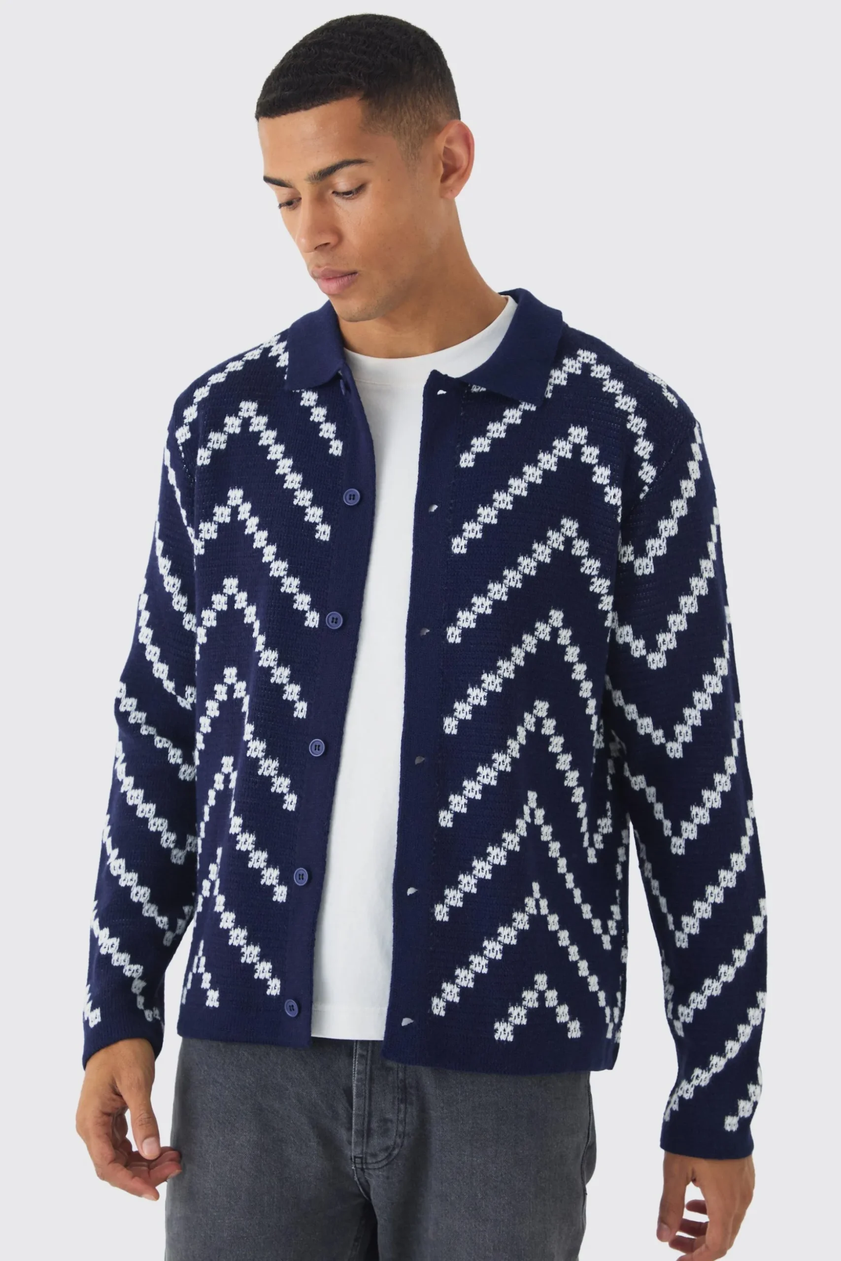 Long Sleeve Stripe Knit Shirt | BoohooMAN UK