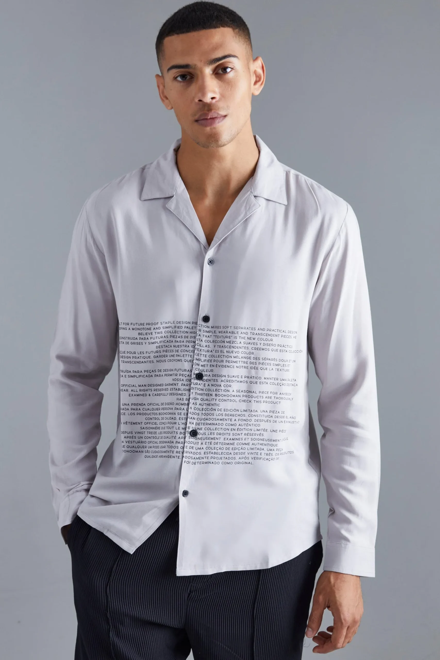 Long Sleeve Viscose Text Shirt | BoohooMAN UK