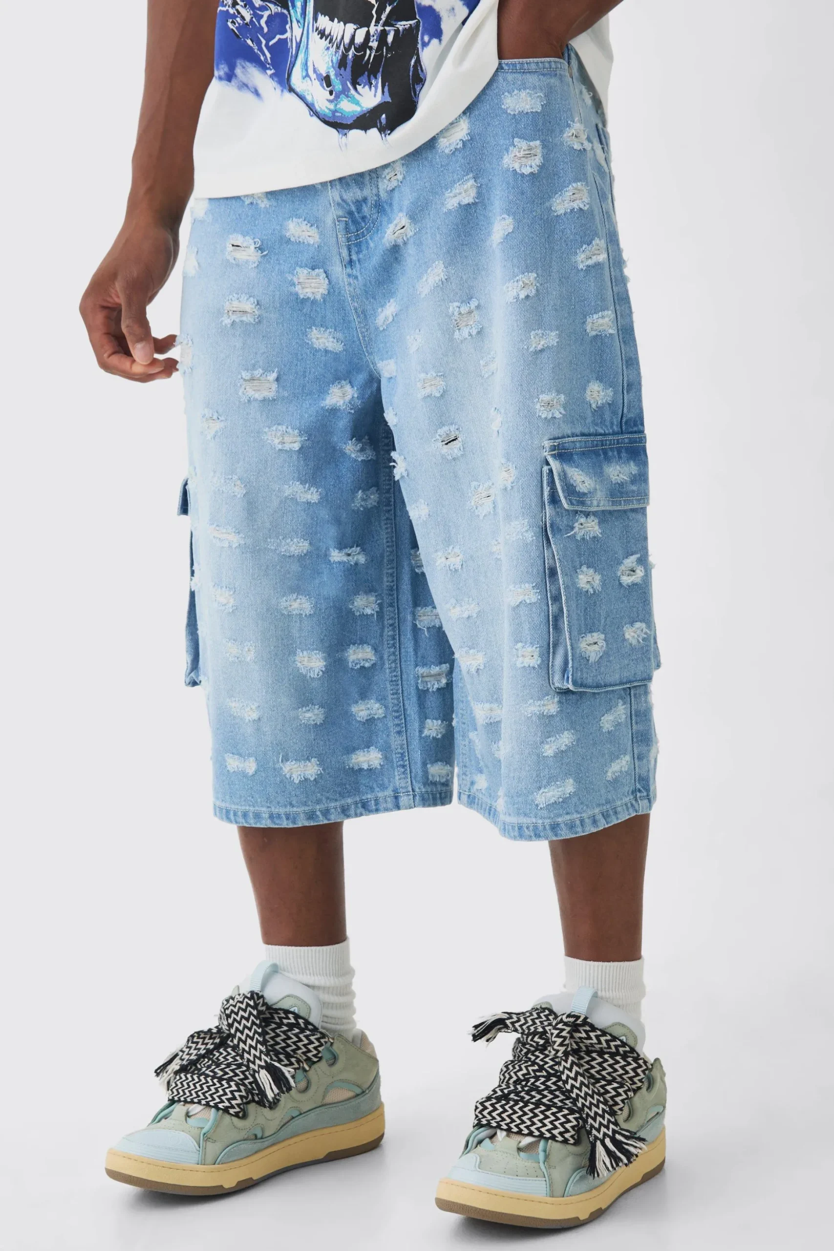 Longline All Over Distressed Cargo Denim Jorts In Light Blue | BoohooMAN UK