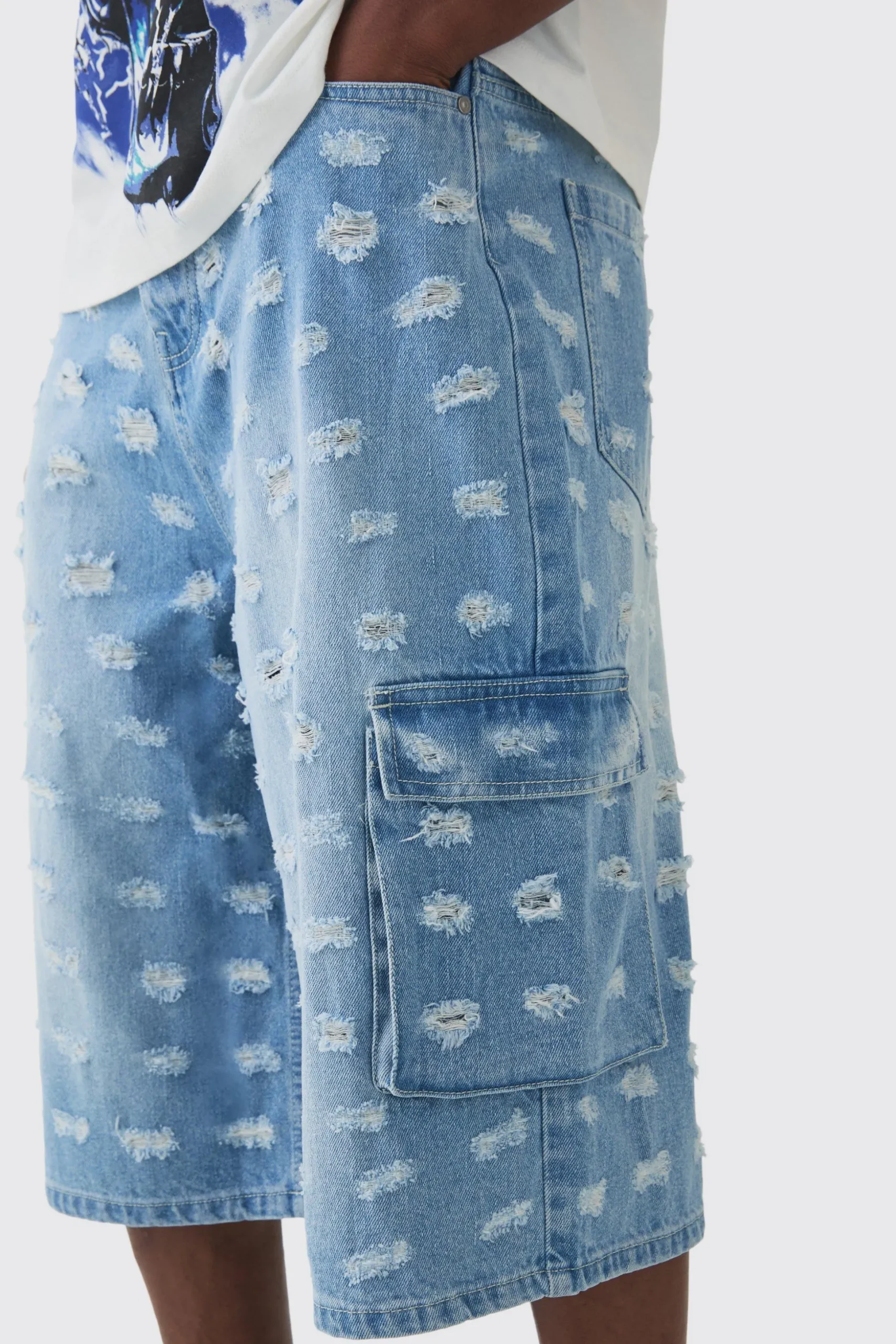 Longline All Over Distressed Cargo Denim Jorts In Light Blue | BoohooMAN UK