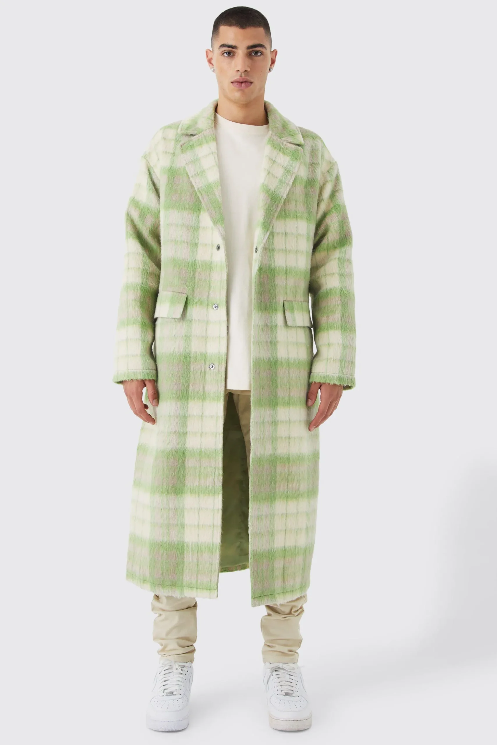 Longline Brushed Check Belted Overcoat | BoohooMAN UK