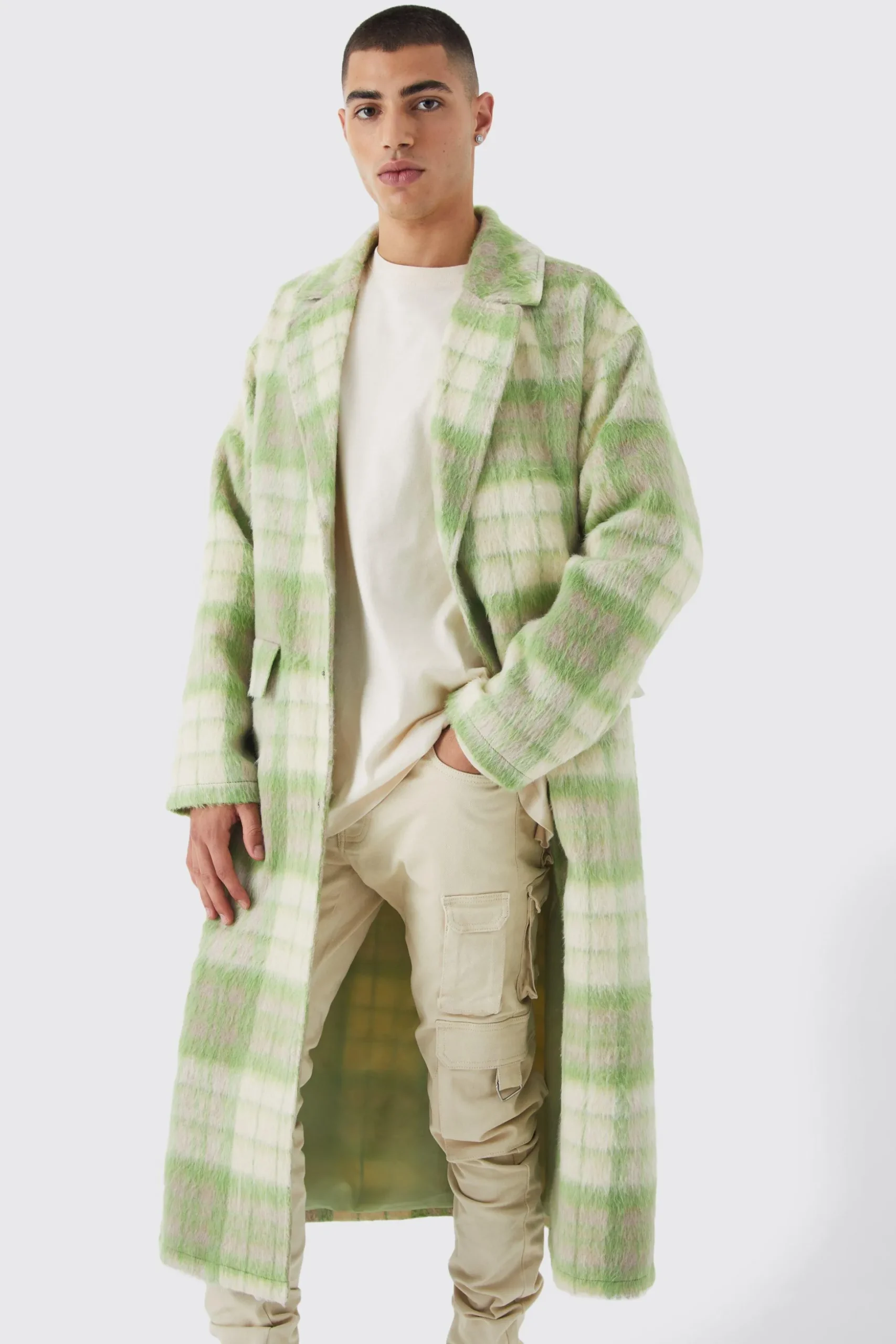 Longline Brushed Check Belted Overcoat | BoohooMAN UK