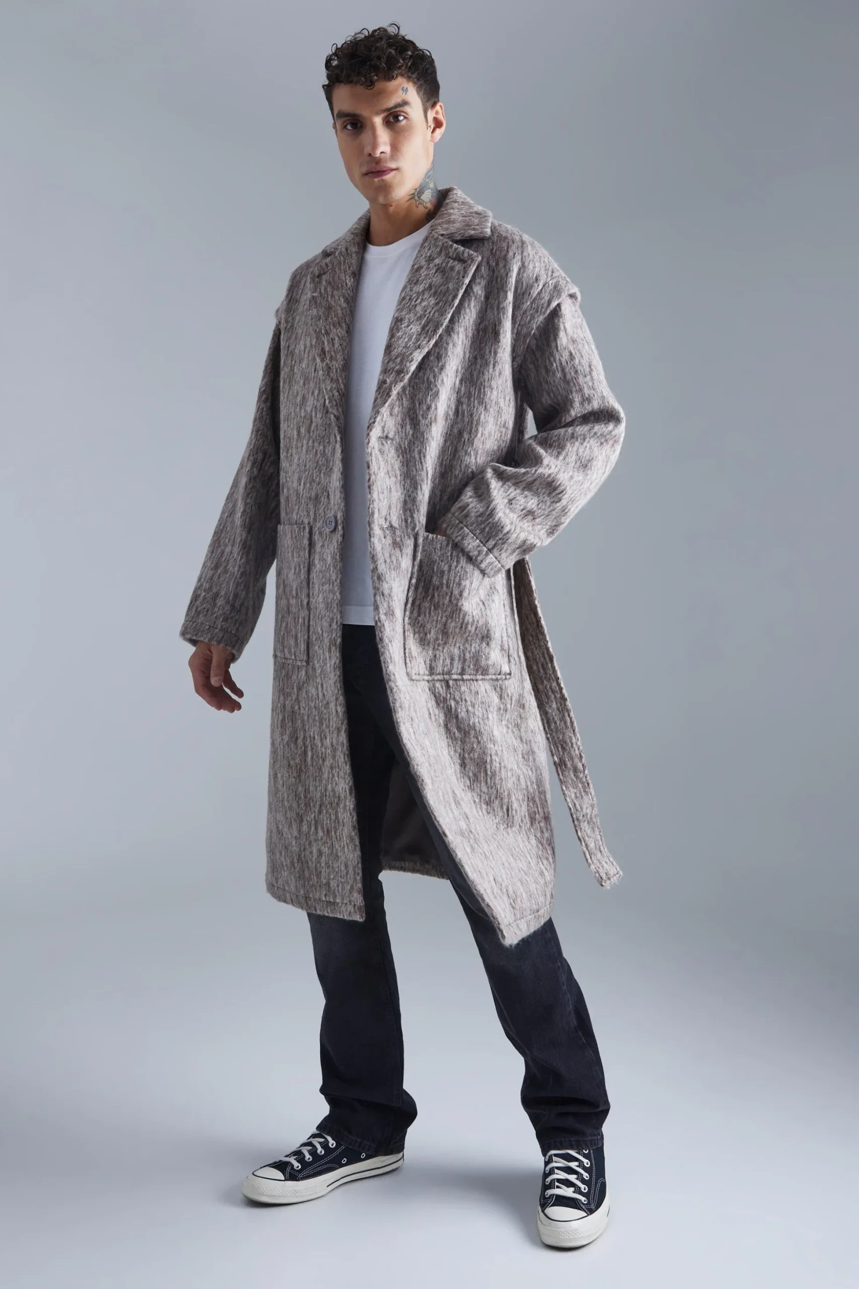 Longline Brushed Wool Look Belted Overcoat | BoohooMAN UK