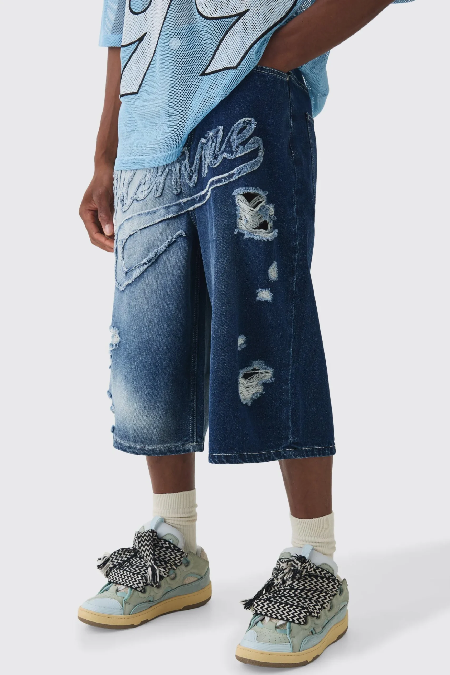 Longline Homme Spliced Ripped Applique Denim Jorts In Blue | BoohooMAN UK