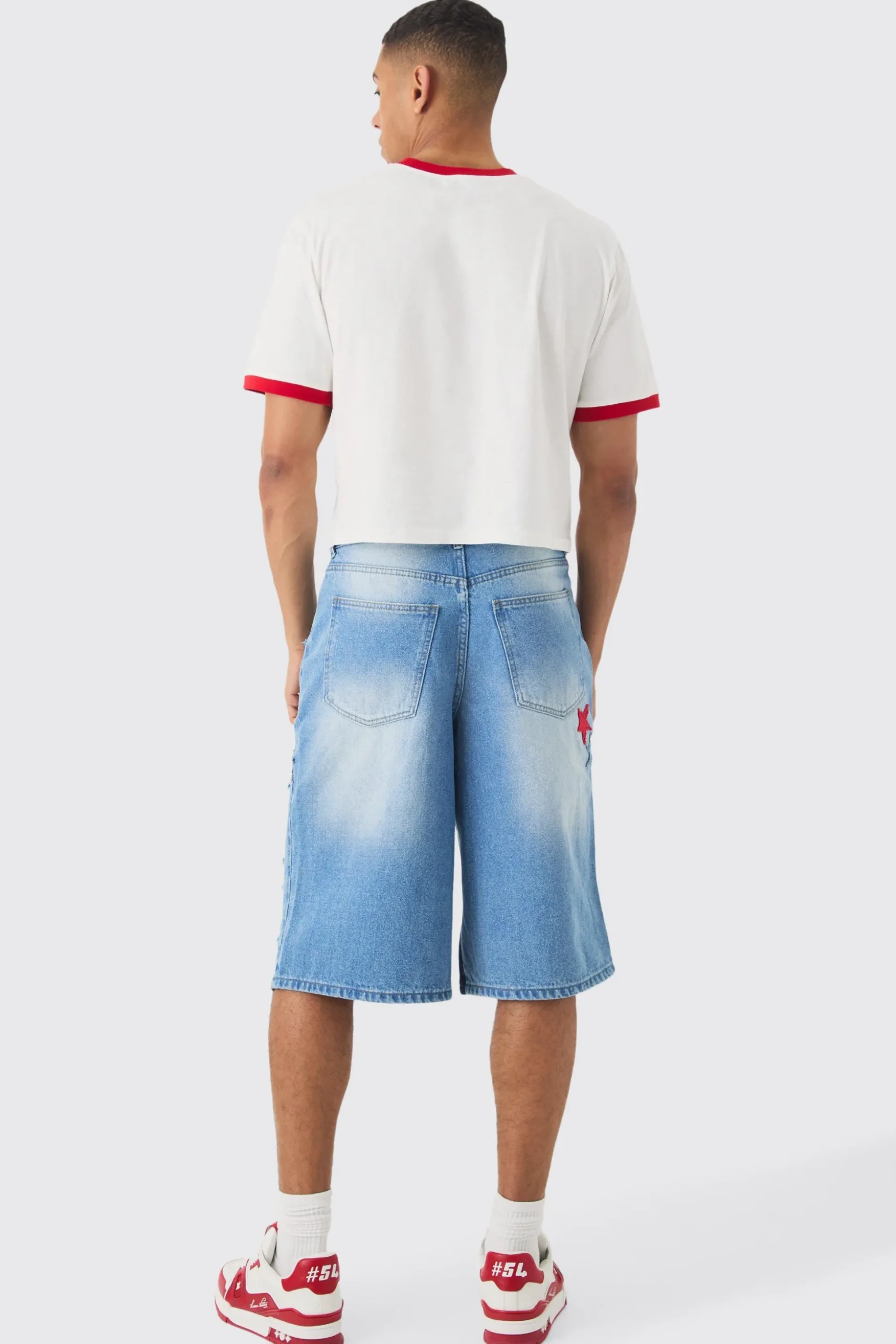 Longline Star Applique Gusset Denim Jorts In Light Blue | BoohooMAN UK