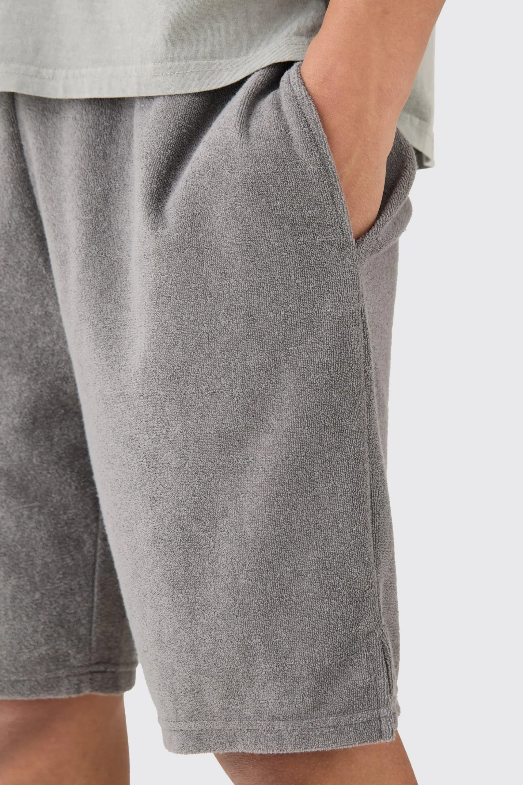 Loose Fit Split Hem Towelling Short | BoohooMAN UK