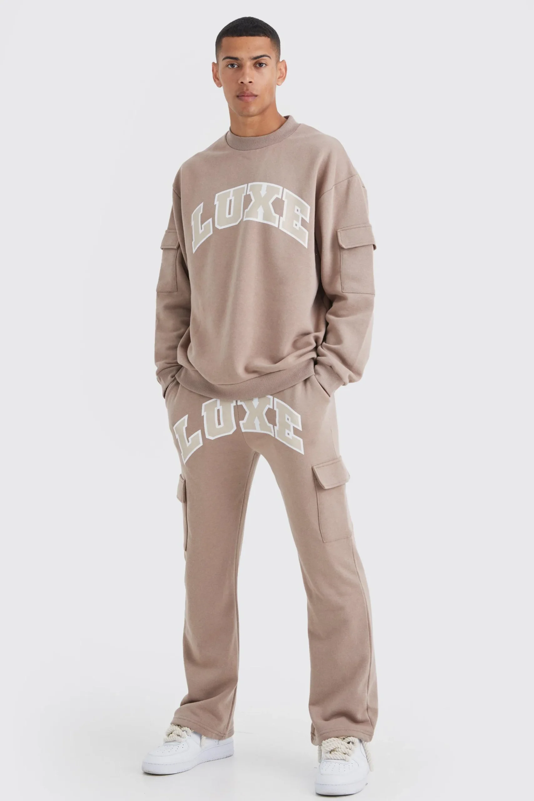 Luxe Graphic Cargo Pocket Gusset Tracksuit | BoohooMAN UK