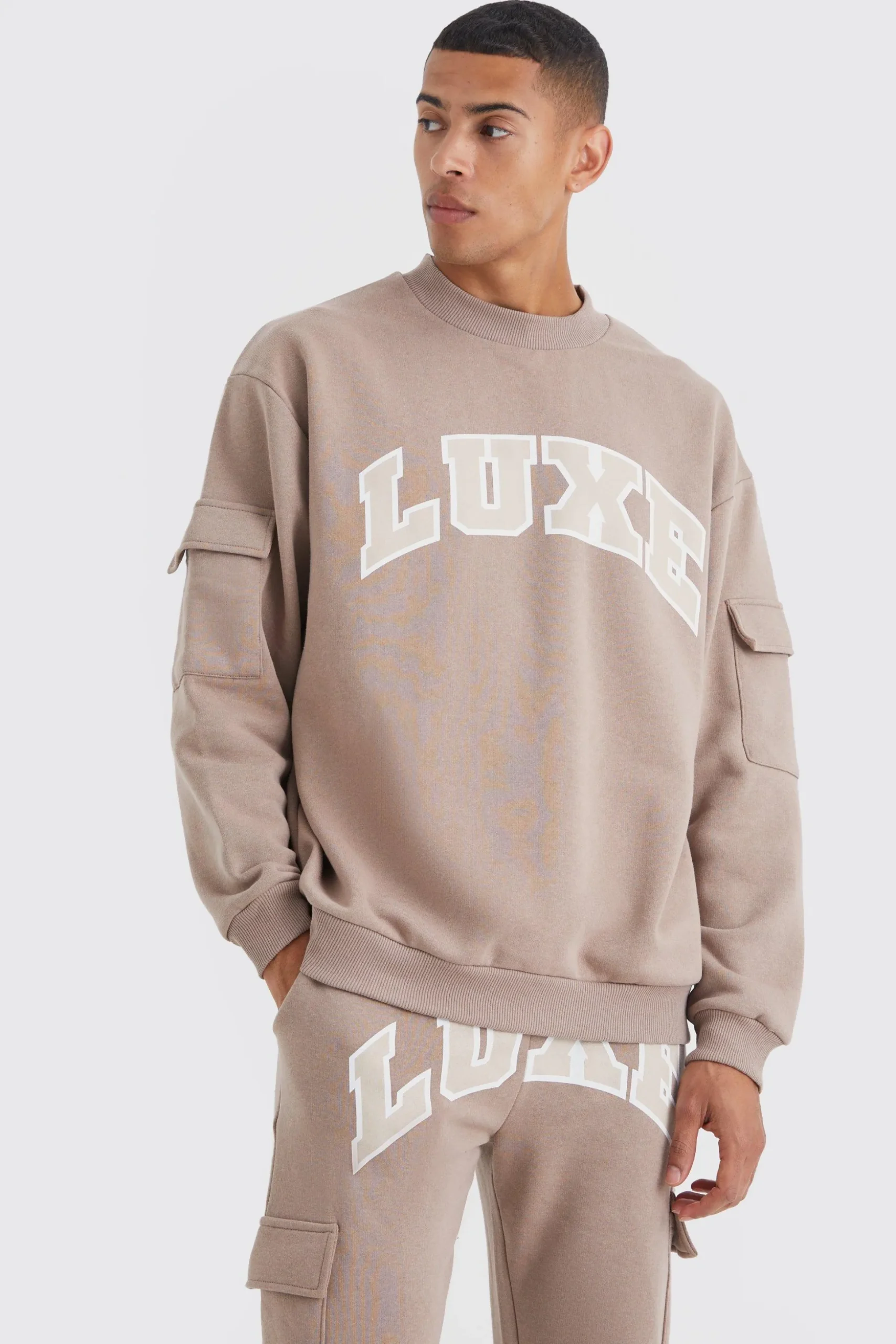 Luxe Graphic Cargo Pocket Gusset Tracksuit | BoohooMAN UK