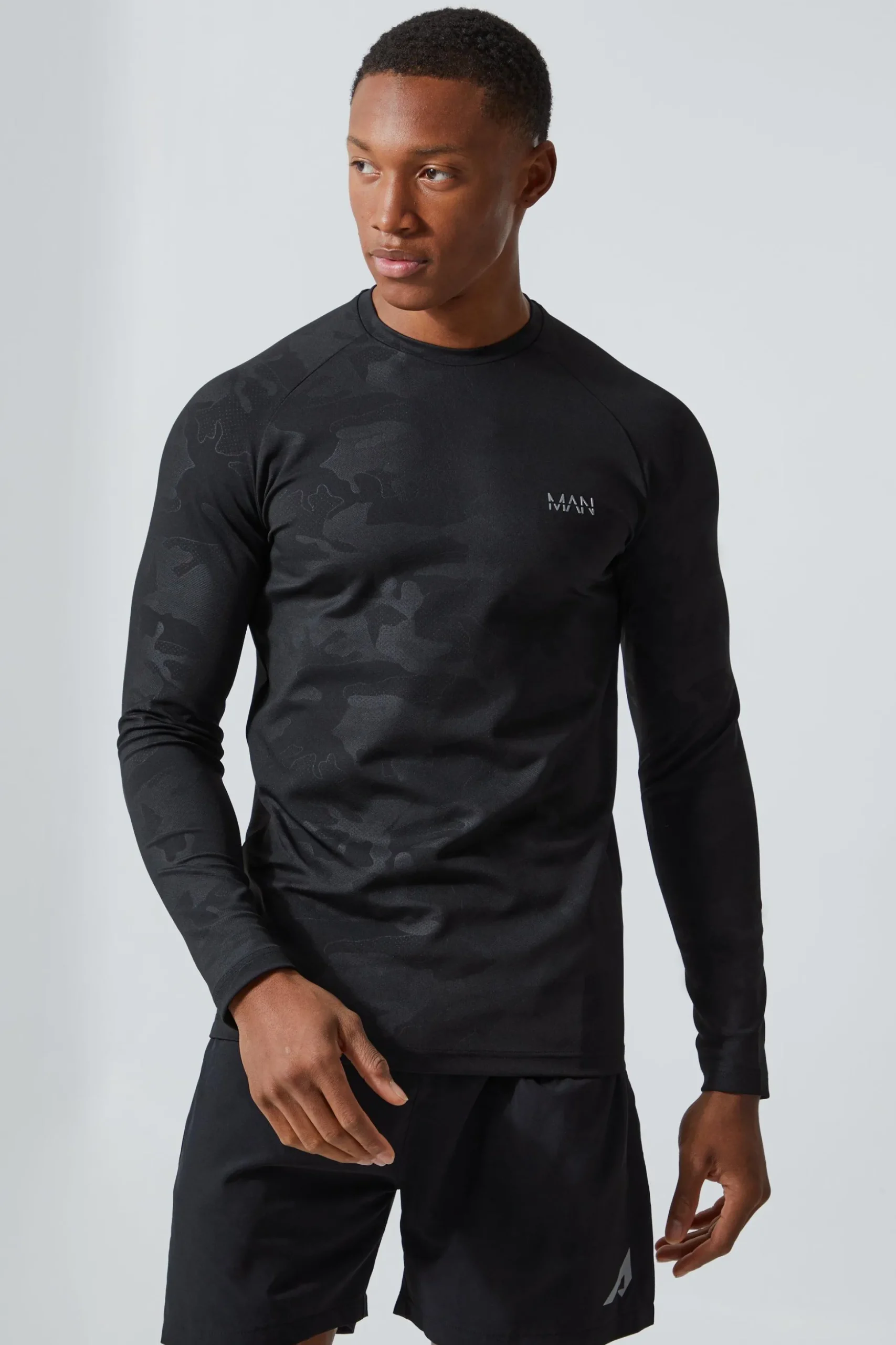 Man Active Camo Print Seamless Long Sleeve Muscle Fit Top | BoohooMAN UK