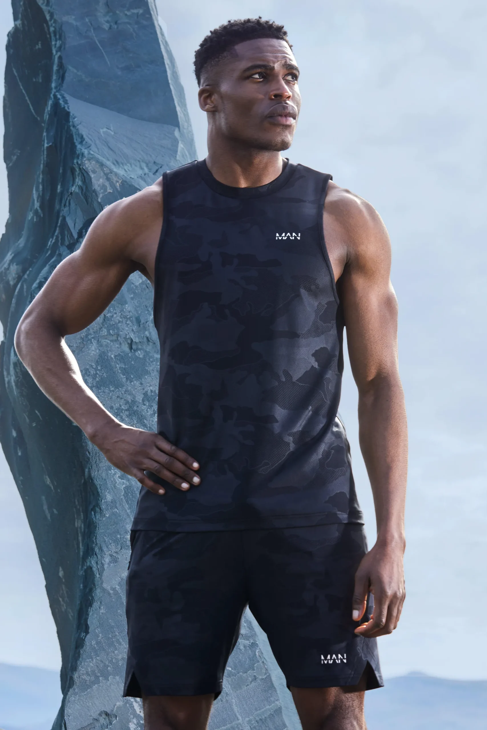 Man Active Camo Racer Performance Regular Fit Tank | BoohooMAN UK