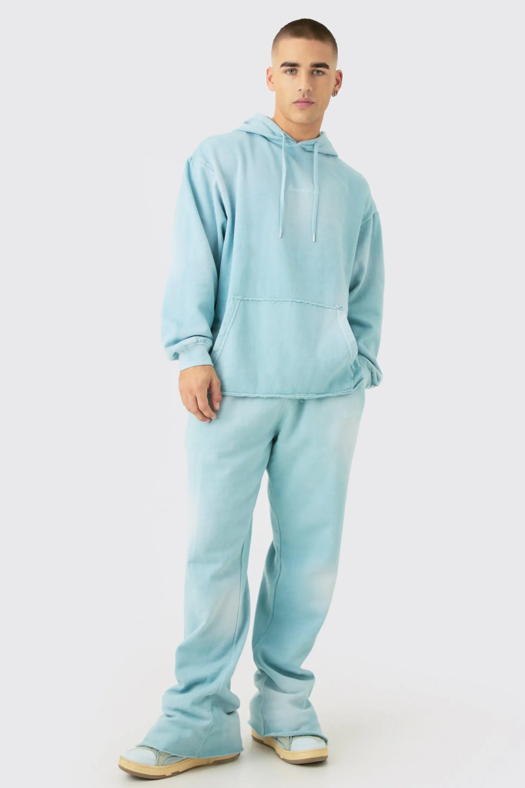 Man Embroidery Oversized Sun Bleached Wash Hooded Tracksuit | BoohooMAN UK