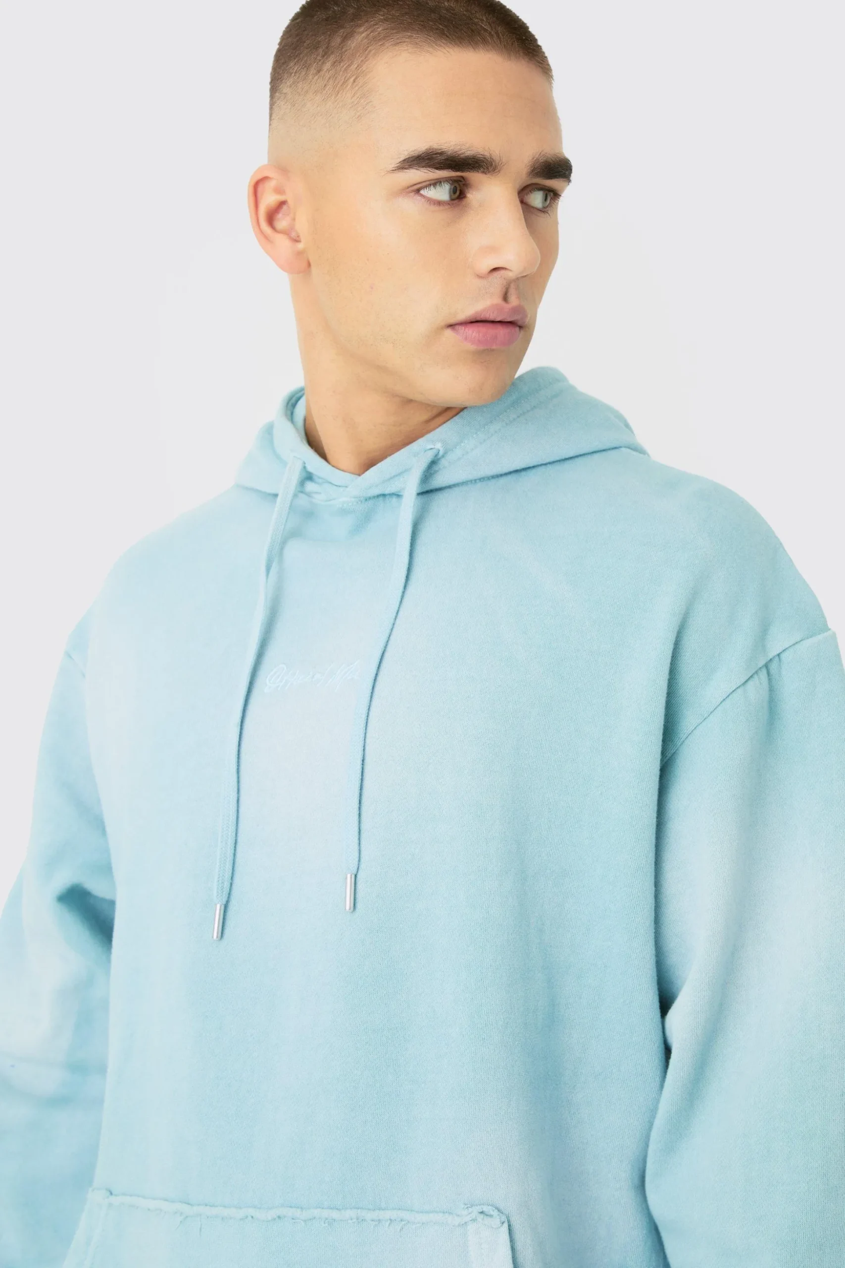 Man Embroidery Oversized Sun Bleached Wash Hooded Tracksuit | BoohooMAN UK
