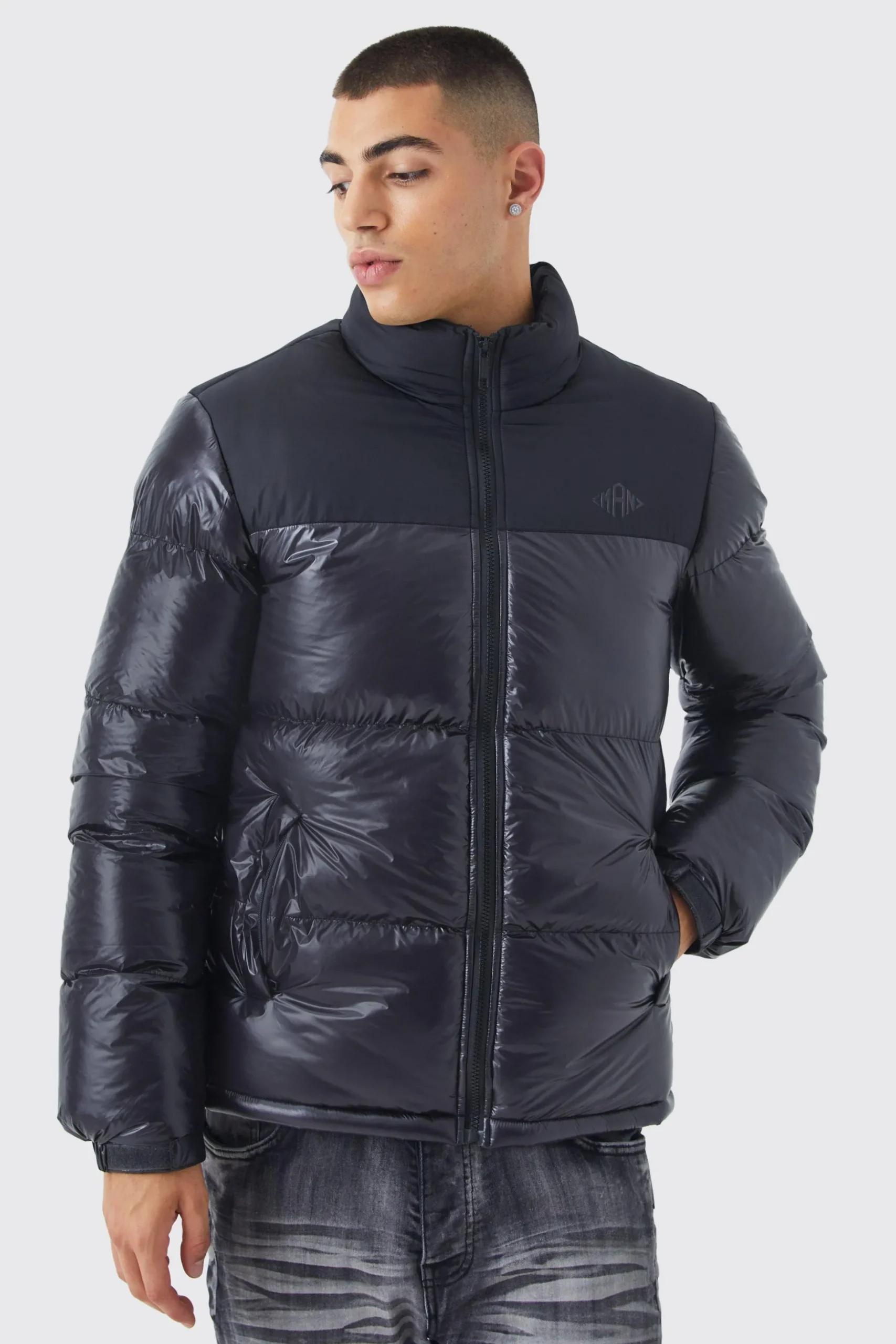 Man High Shine Colour Block Puffer | BoohooMAN UK