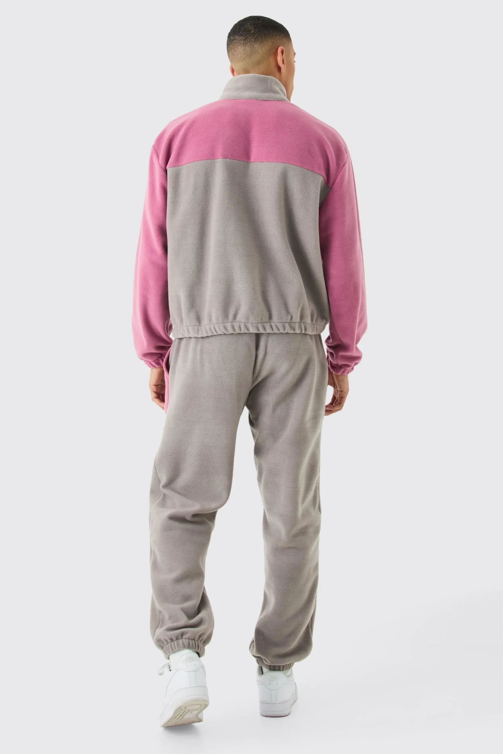 Man Oversized Popper Neck Colour Block Fleece Tracksuit | BoohooMAN UK
