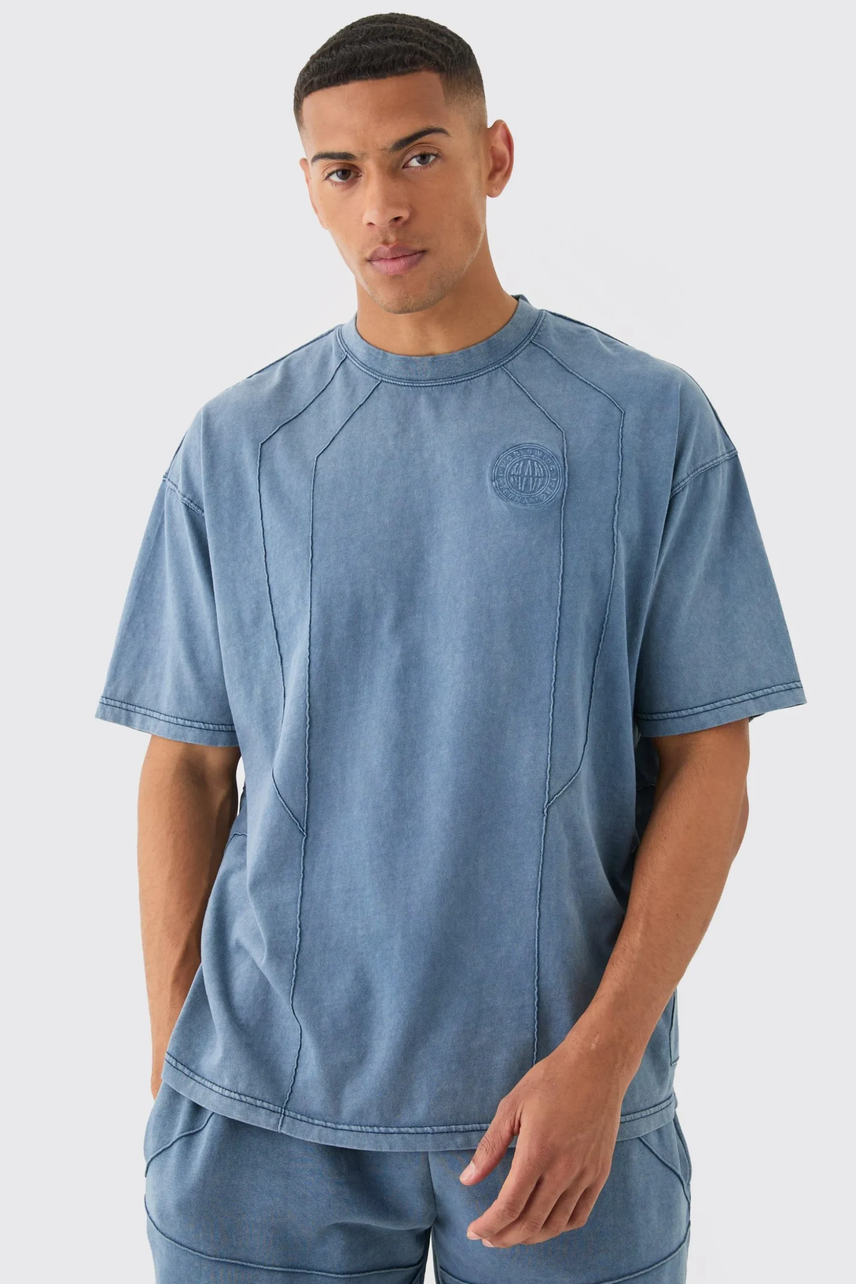 Man Oversized Wash Pintuck Embroidered T-shirt | BoohooMAN UK
