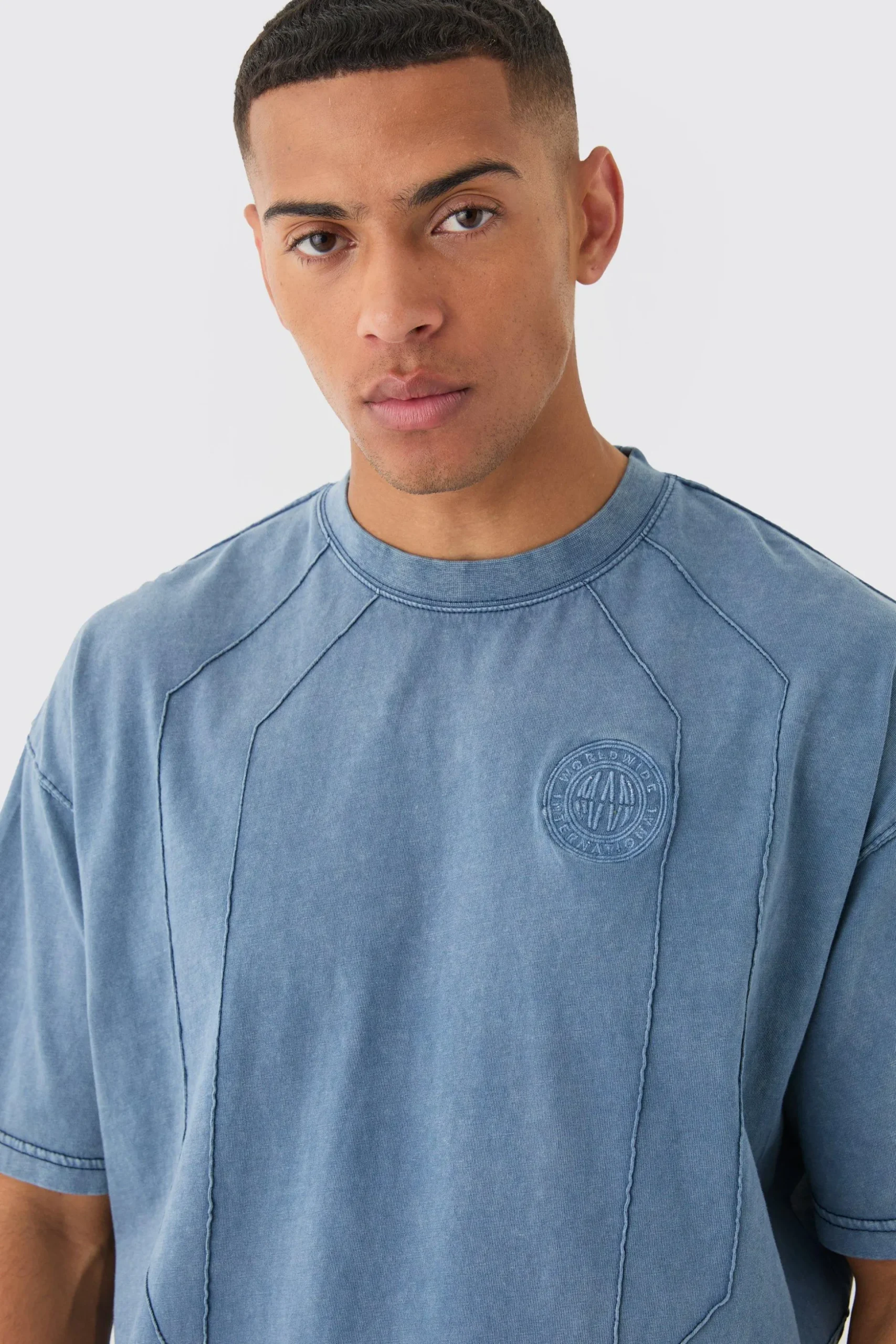 Man Oversized Wash Pintuck Embroidered T-shirt | BoohooMAN UK