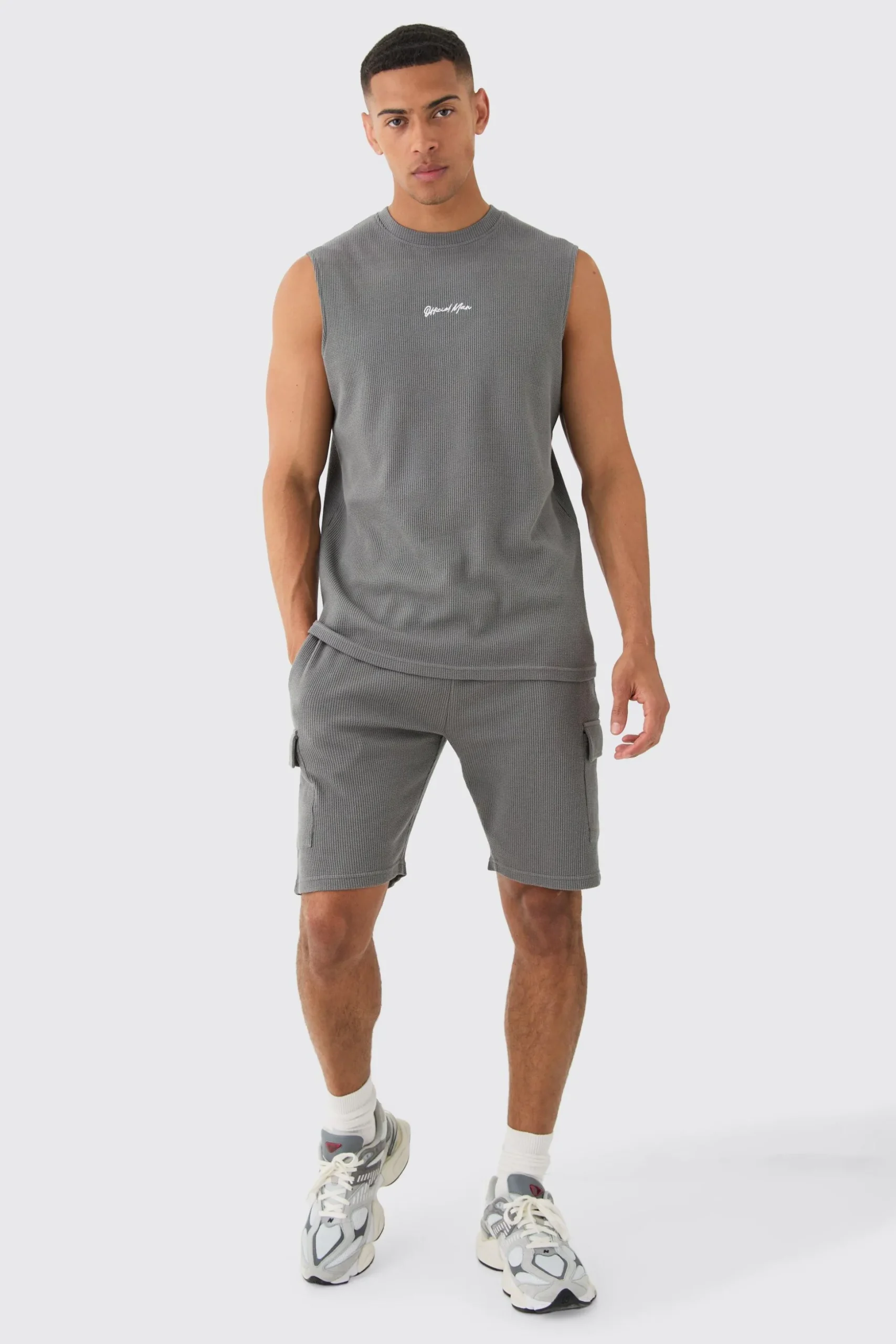 Man Regular Fit Waffle Tank And Cargo Shorts Set | BoohooMAN UK