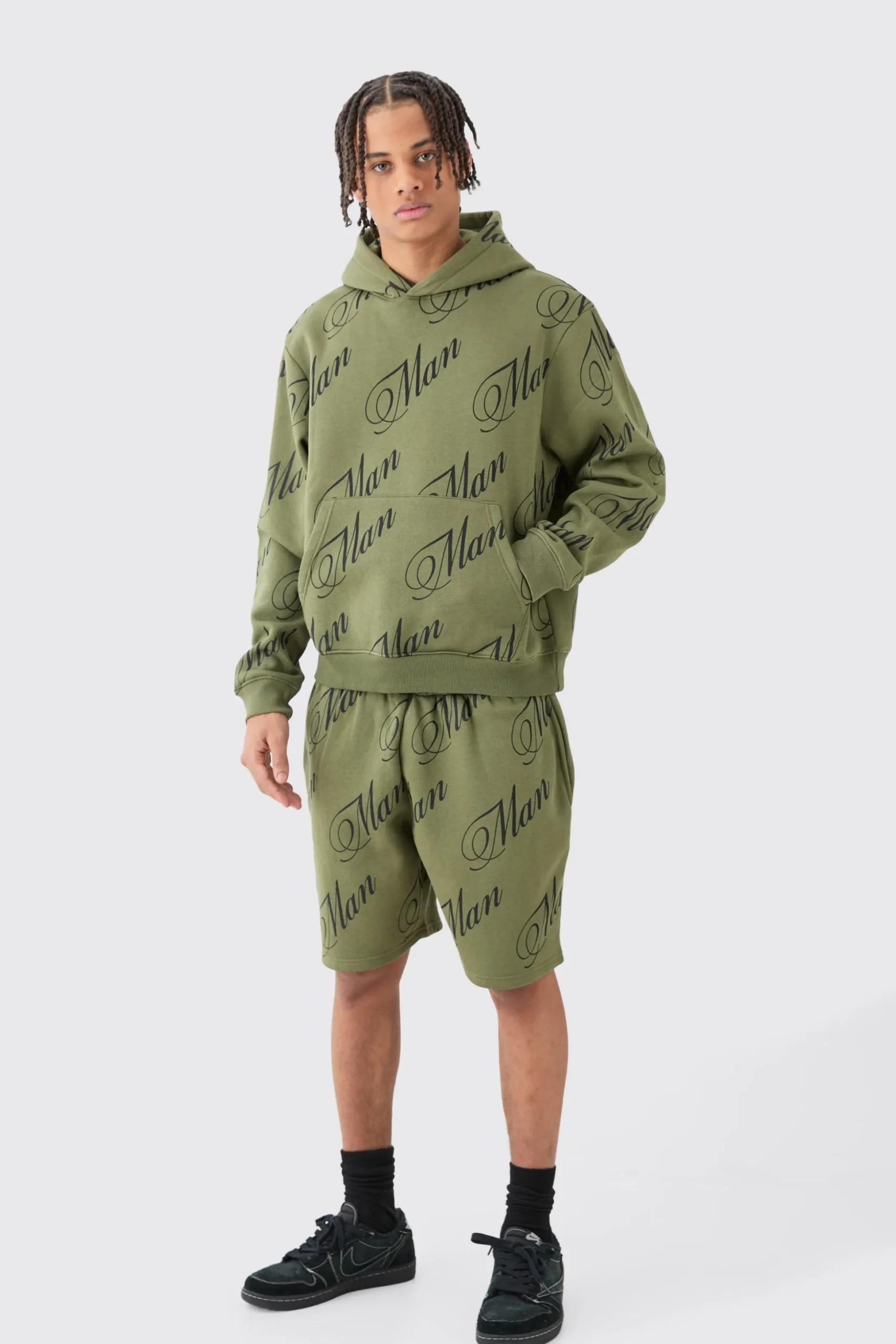 Man Script All Over Print Boxy Hooded Short Tracksuit | BoohooMAN UK