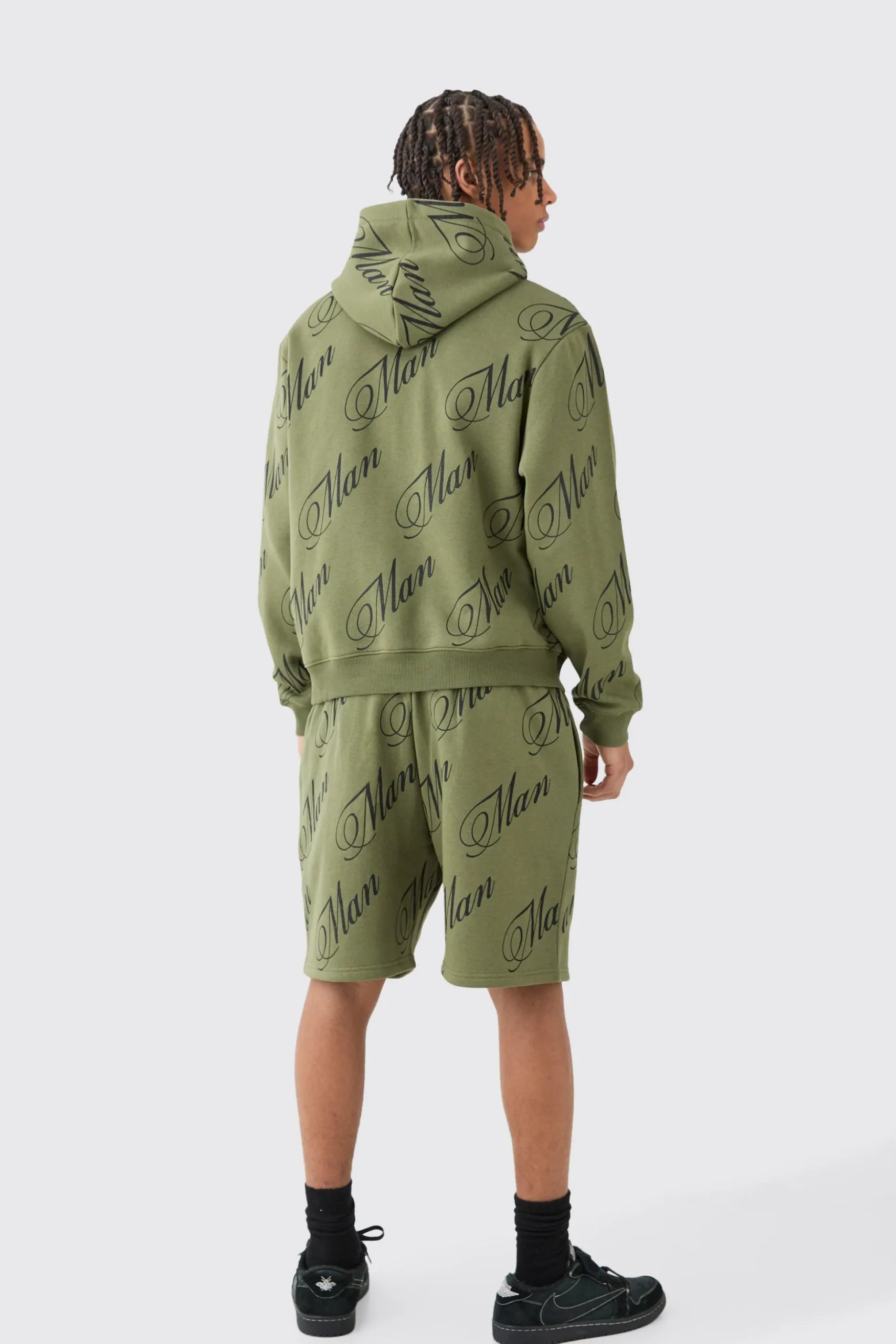 Man Script All Over Print Boxy Hooded Short Tracksuit | BoohooMAN UK