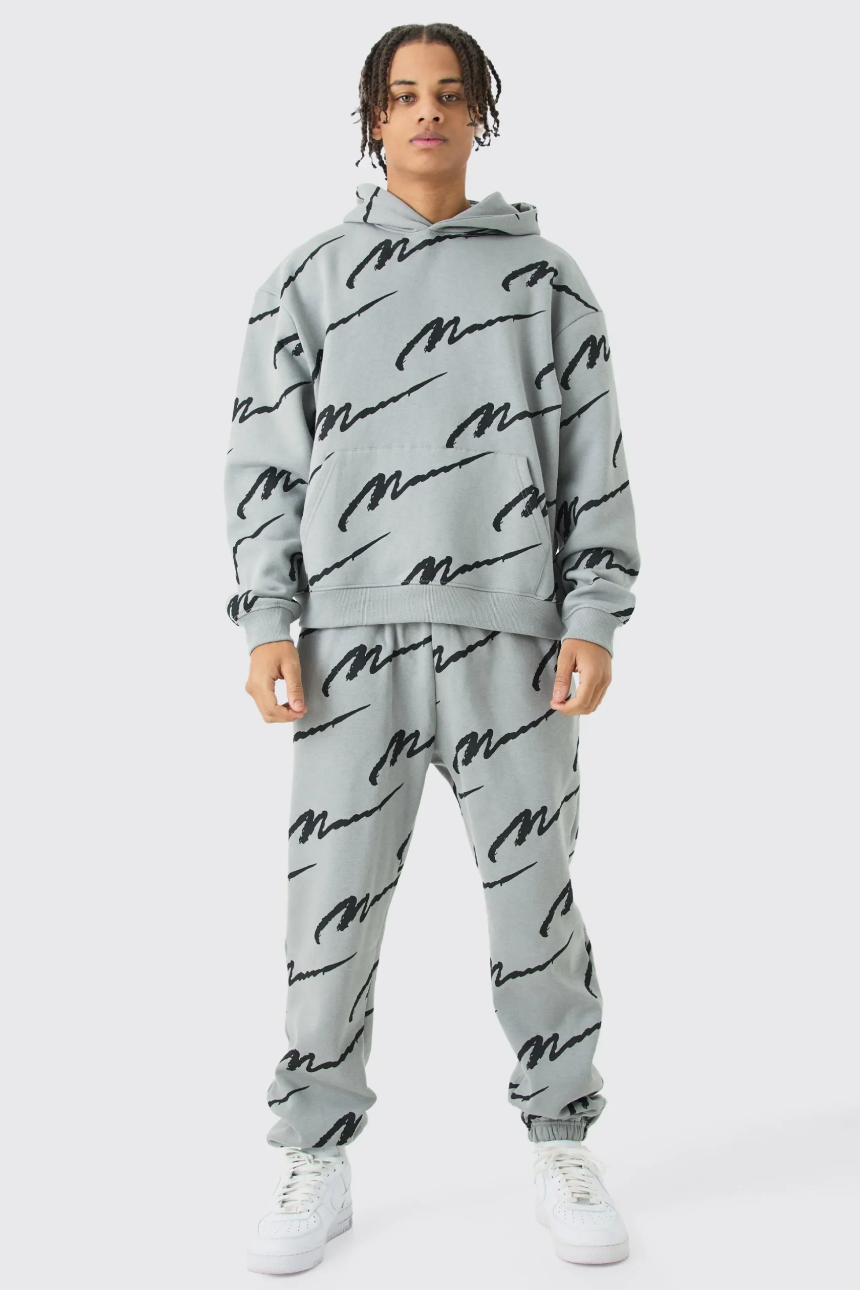 Man Signature All Over Print Boxy Hooded Tracksuit | BoohooMAN UK