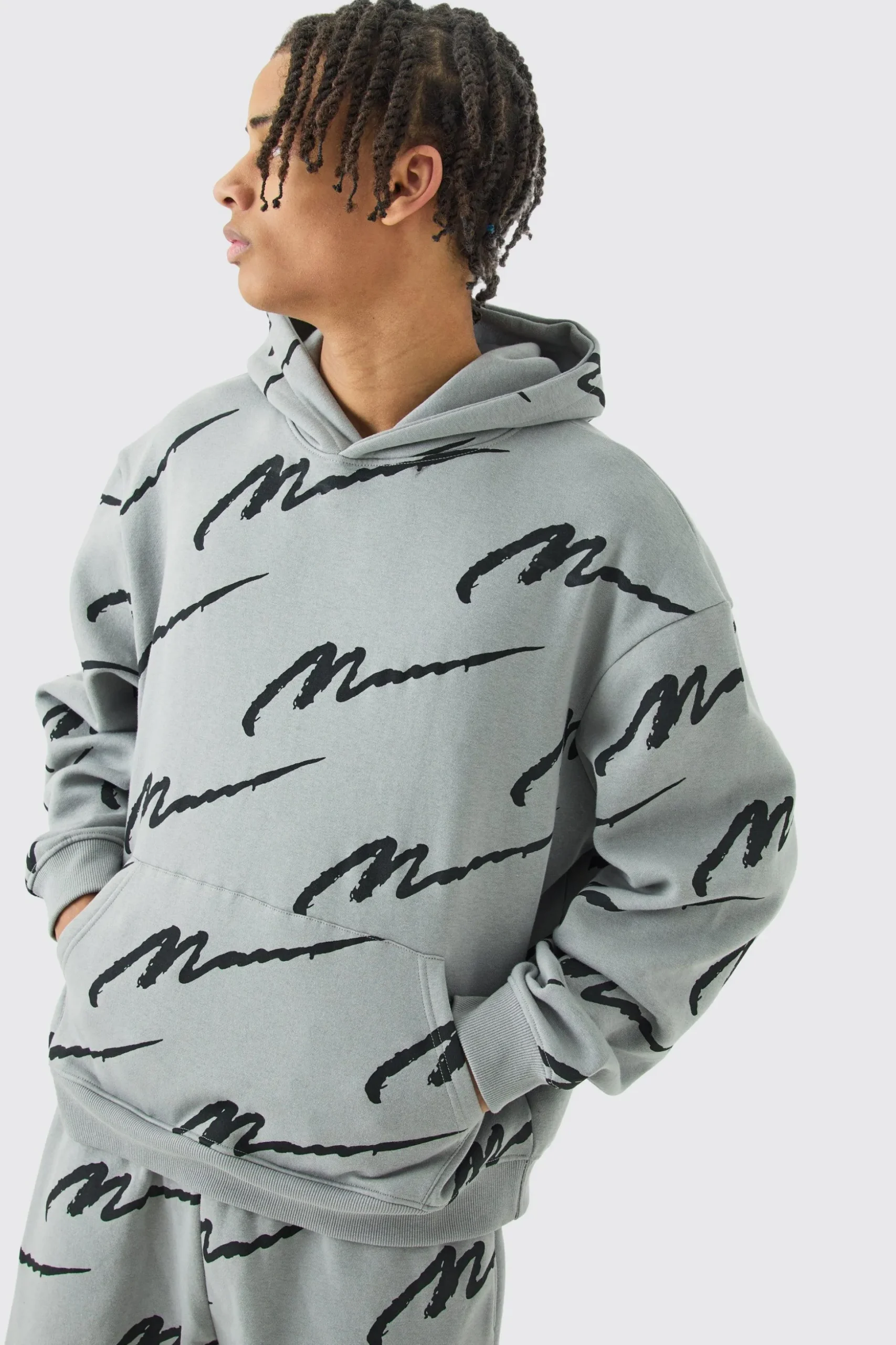 Man Signature All Over Print Boxy Hooded Tracksuit | BoohooMAN UK