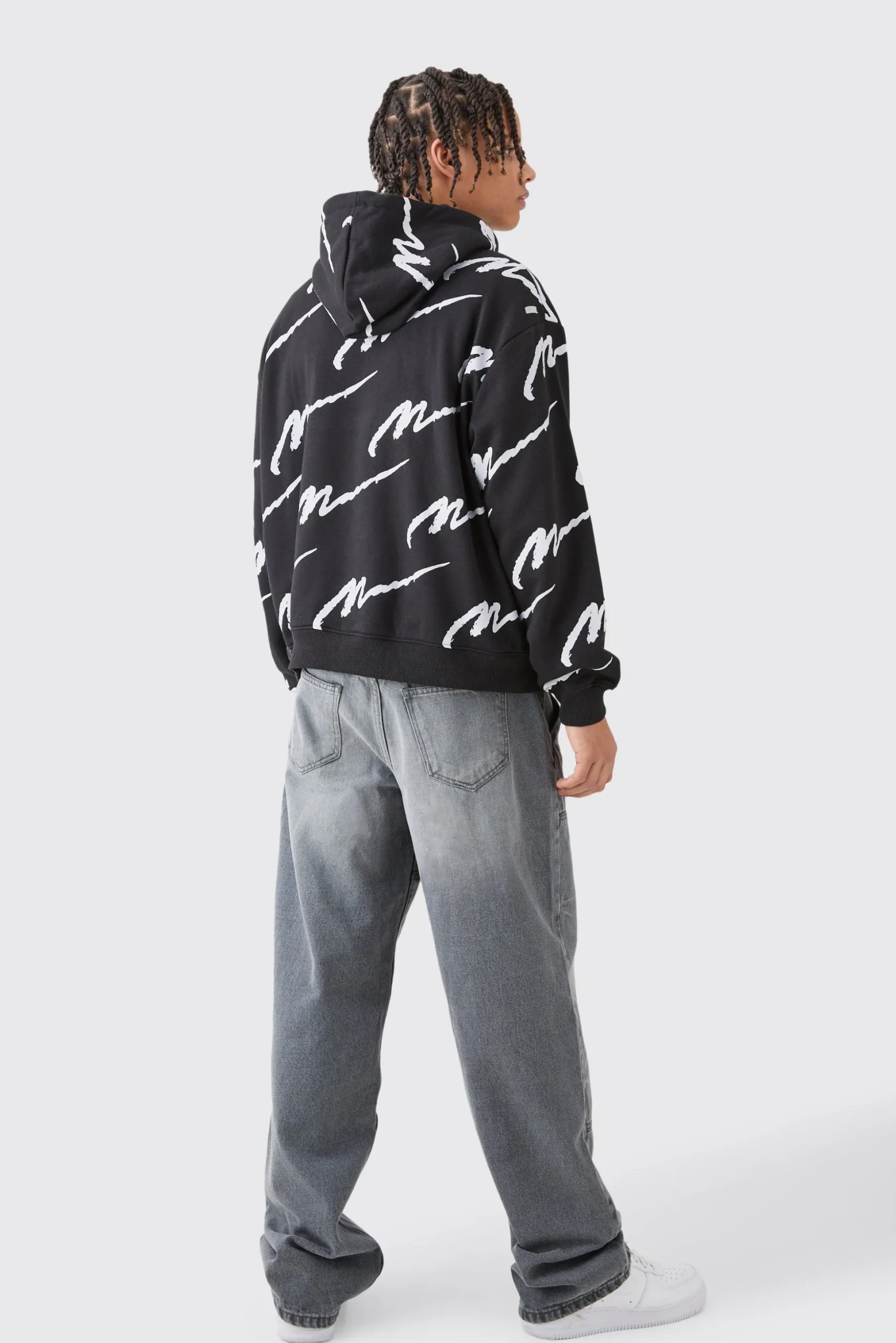 Man Signature All Over Print Boxy Zip Through Hoodie | BoohooMAN UK