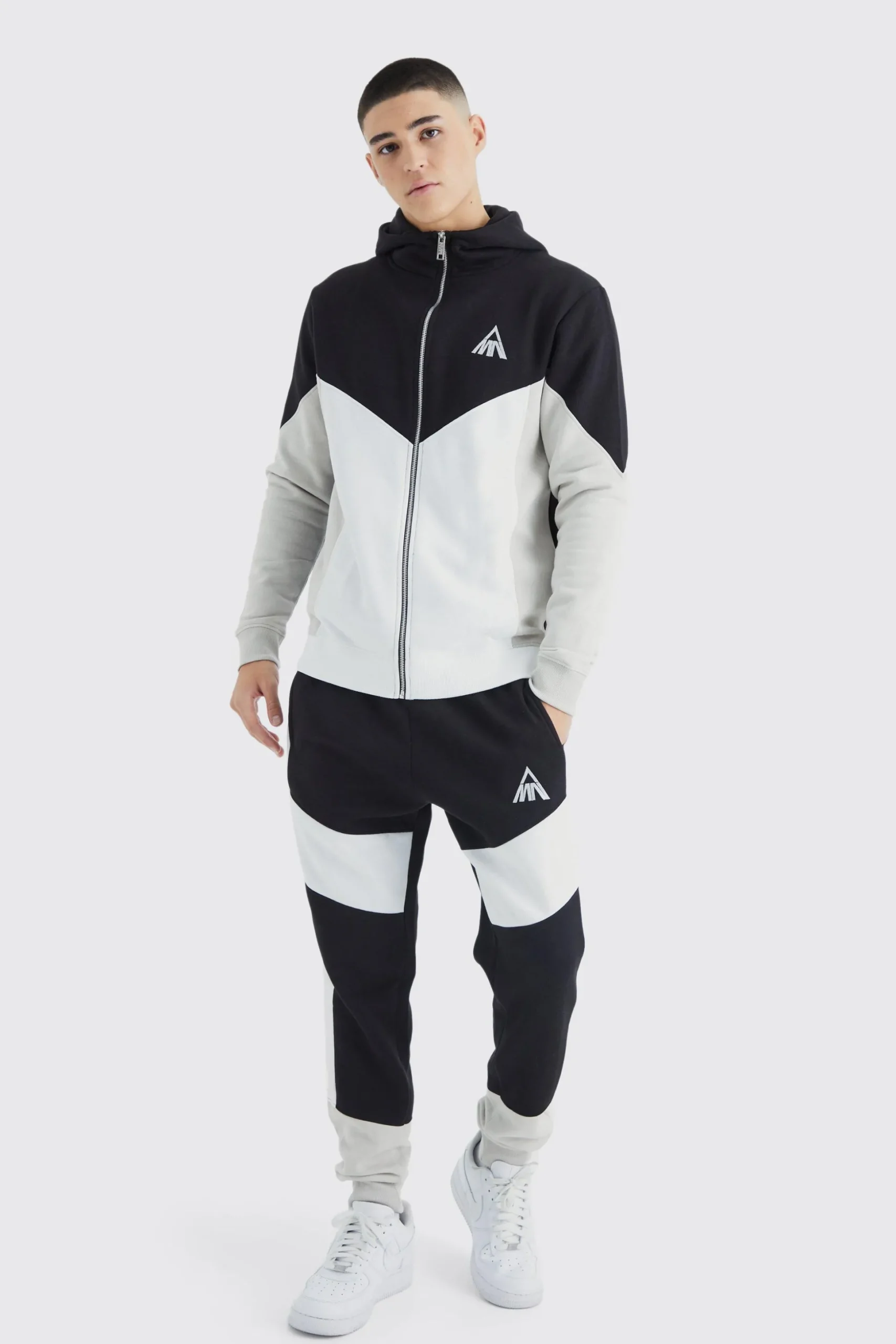 Man Slim Funnel Hooded Colour Block Tracksuit | BoohooMAN UK