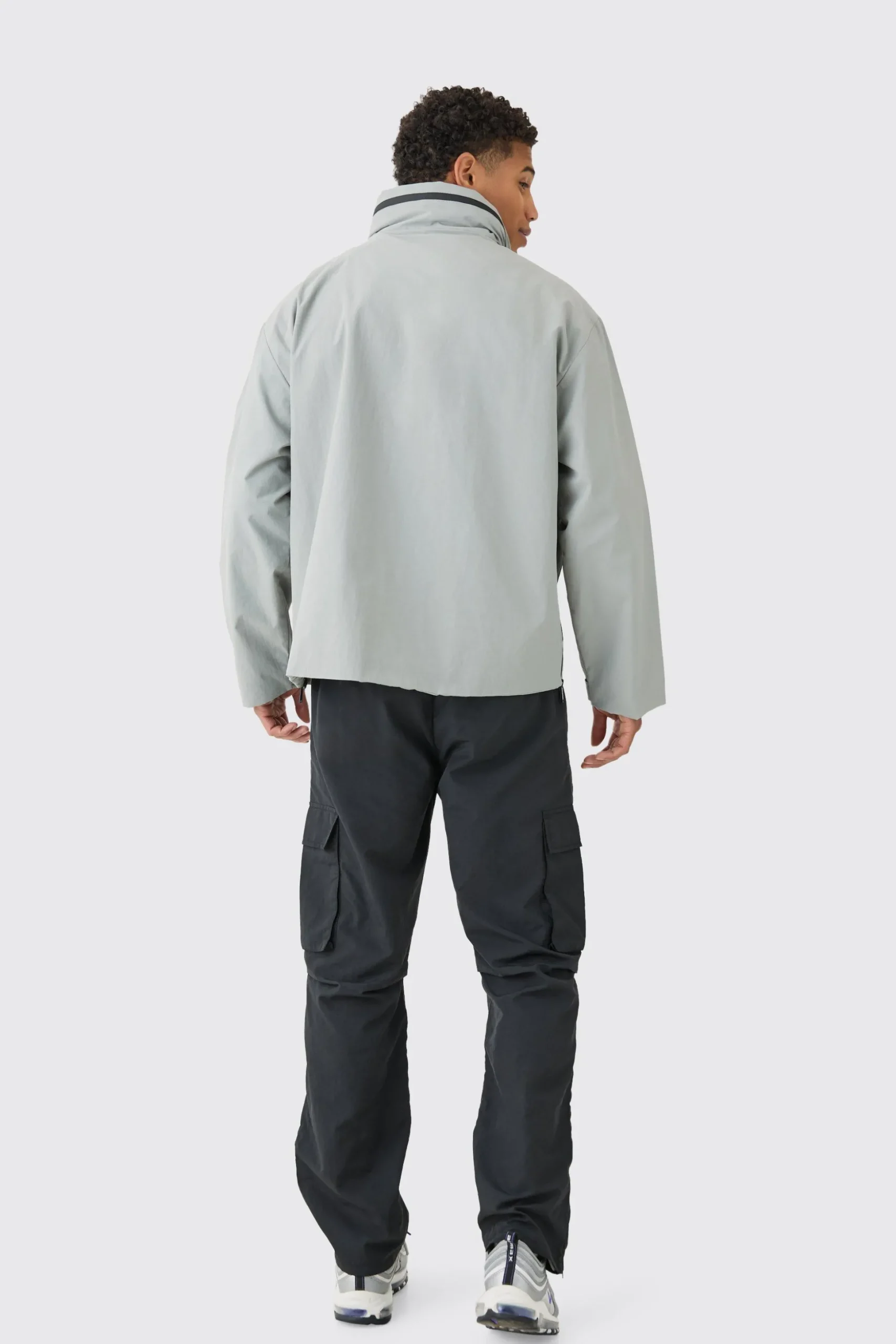 Man Tab Oversized Zip Detail Nylon Windbreaker In Grey | BoohooMAN UK