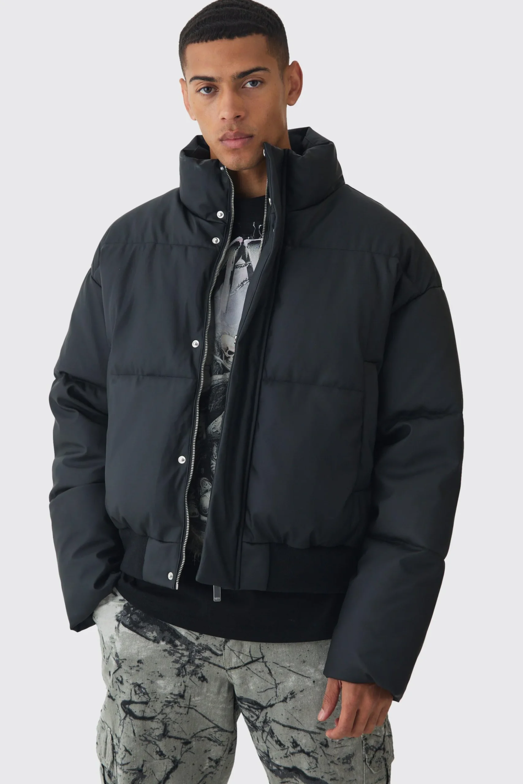 Matte PU Funnel Neck Puffer In Black | BoohooMAN UK