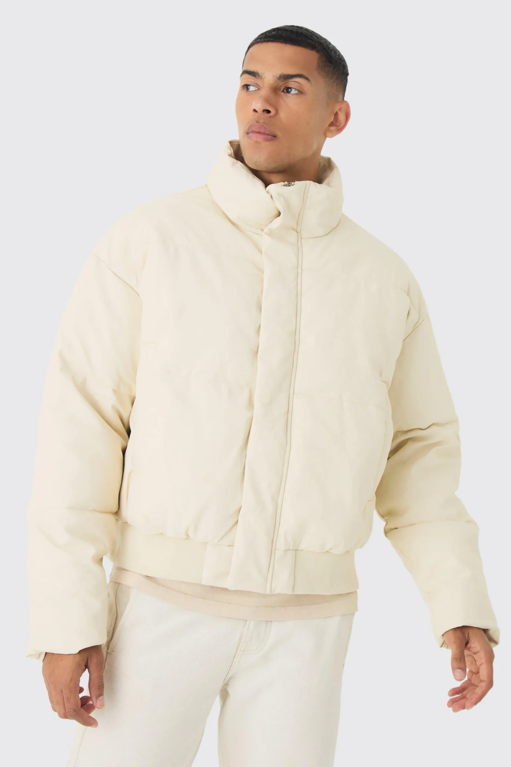 Matte Pu Funnel Neck Puffer In Stone | BoohooMAN UK
