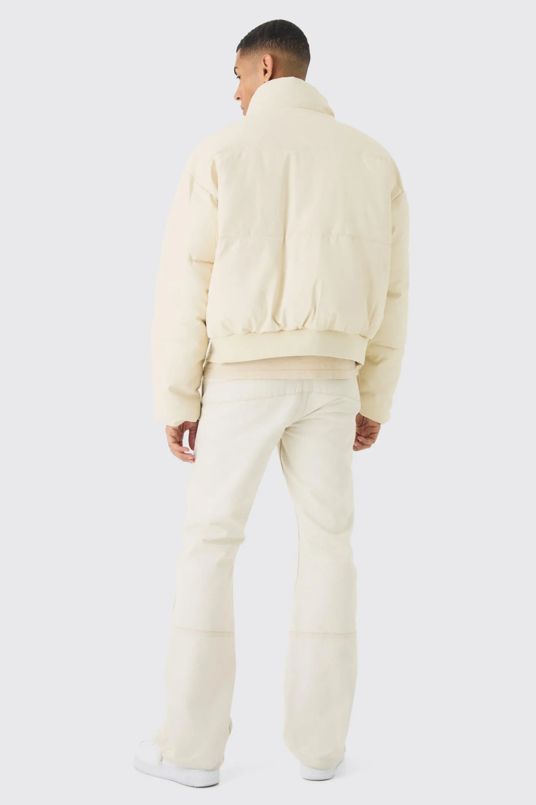 Matte Pu Funnel Neck Puffer In Stone | BoohooMAN UK