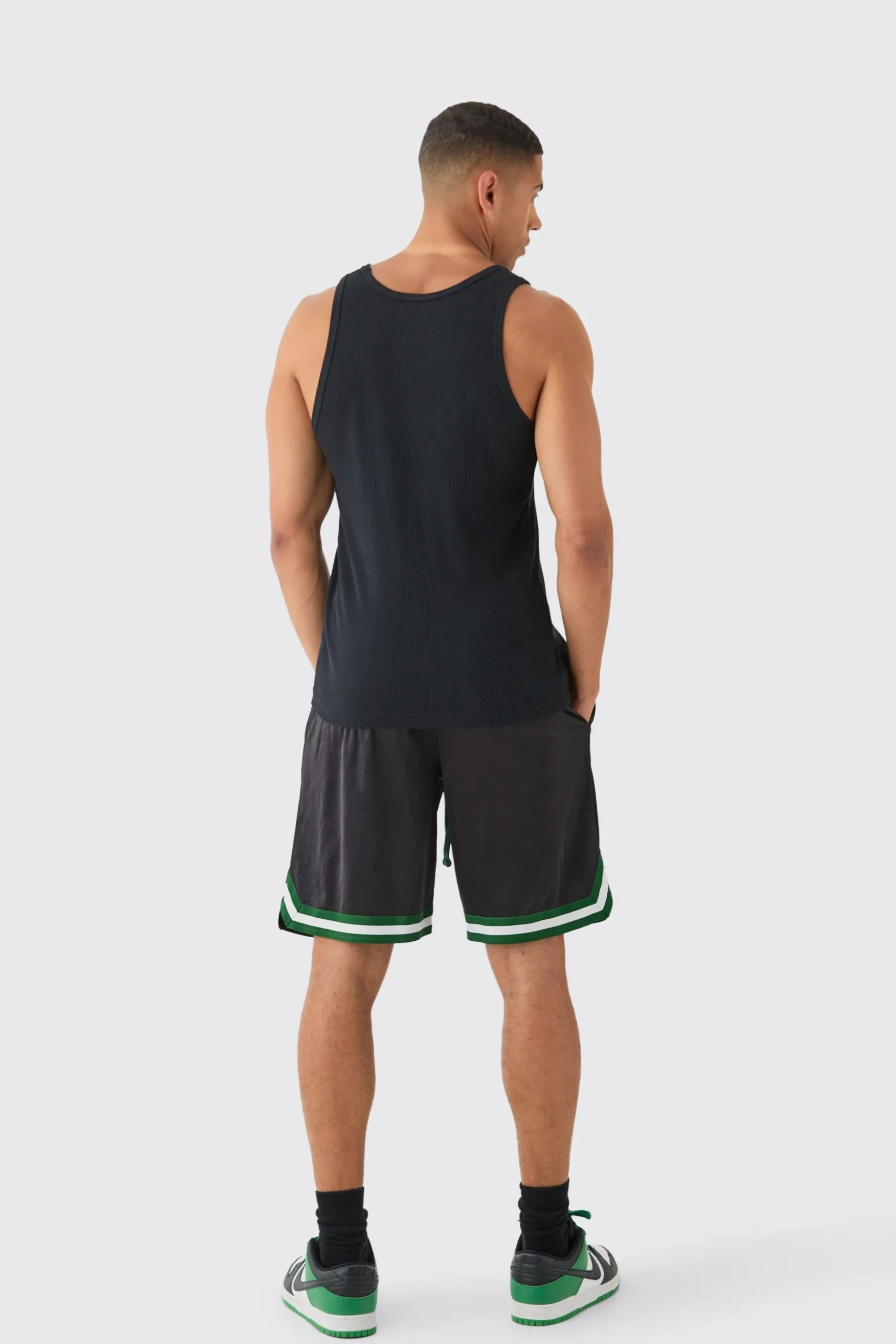 Mesh And Satin Applique Basketball Short | BoohooMAN UK