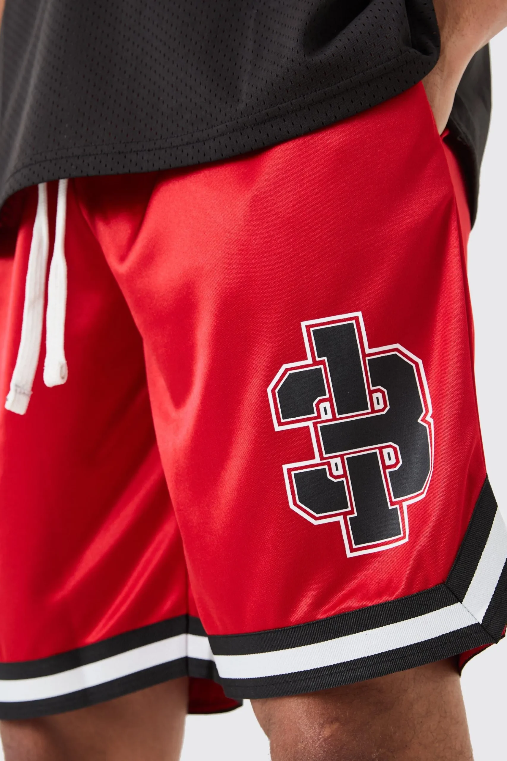 Mesh And Satin Applique Basketball Short | BoohooMAN UK