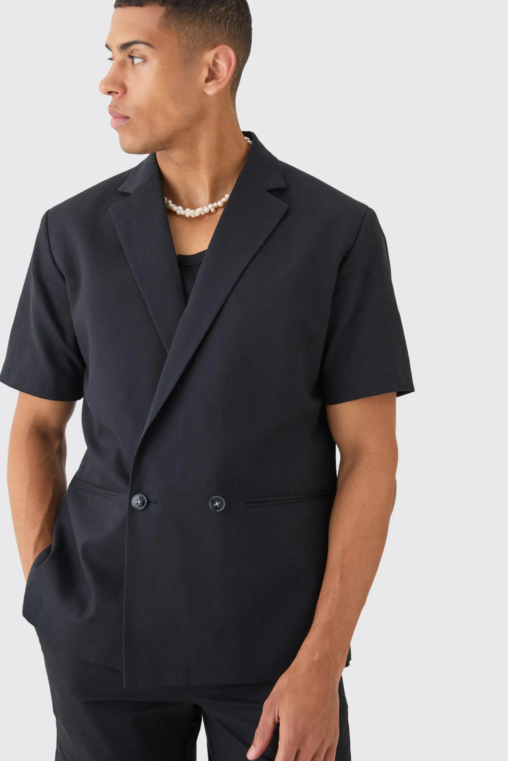 Mix & Match Linen Blend Short Sleeve Double Breasted Blazer | BoohooMAN UK